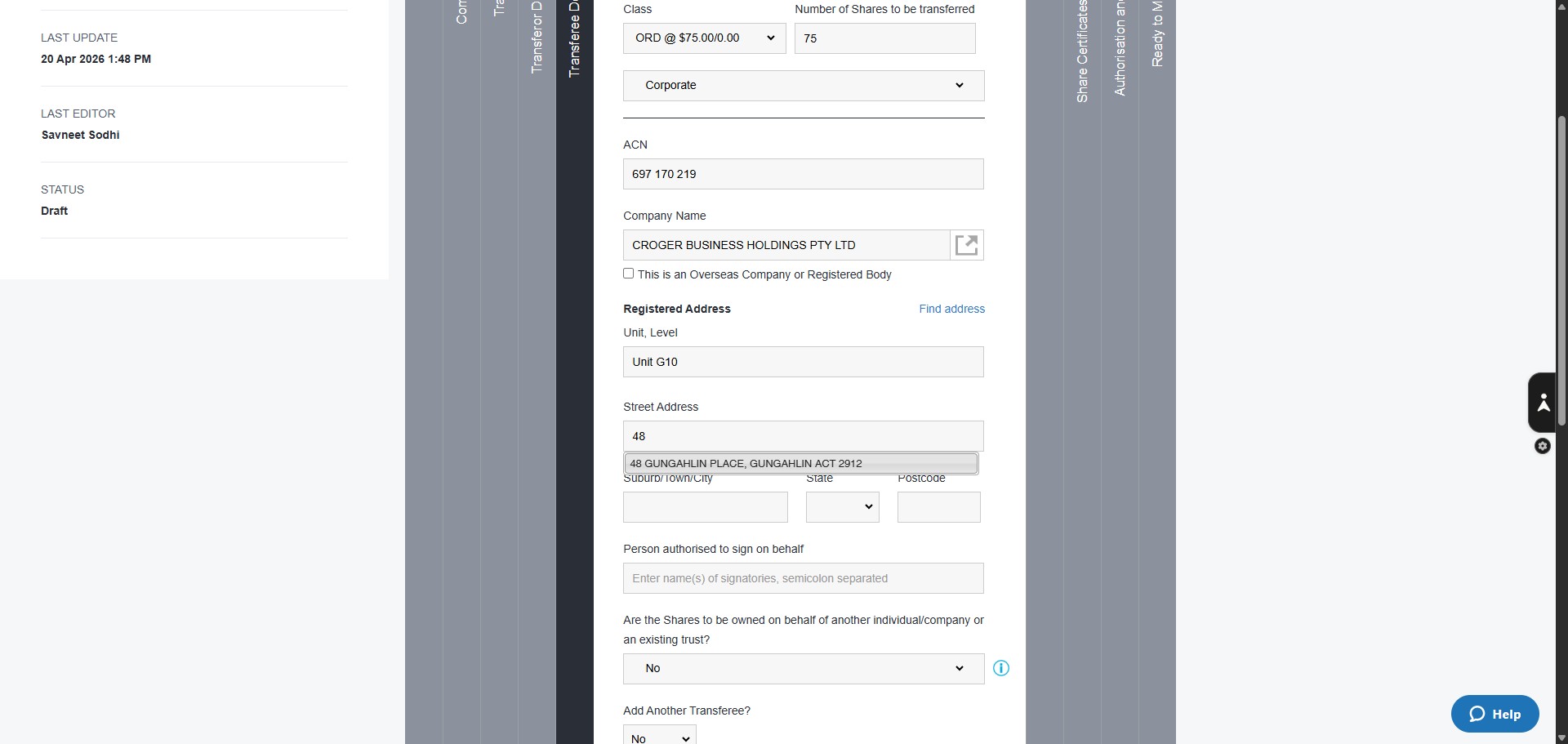 Check the current registered address of the Corporate Entity by opening a second Nowinfitnity window. I**f the address is the Advice 9 office address**, click Enter address manually and enter the Advice 9 registered address as Unit G10, 48 GUNGAHLIN PLACE, GUNGAHLIN ACT 2912. **When the entity's registered address differs from the Advice 9 office address,** enter that address here.