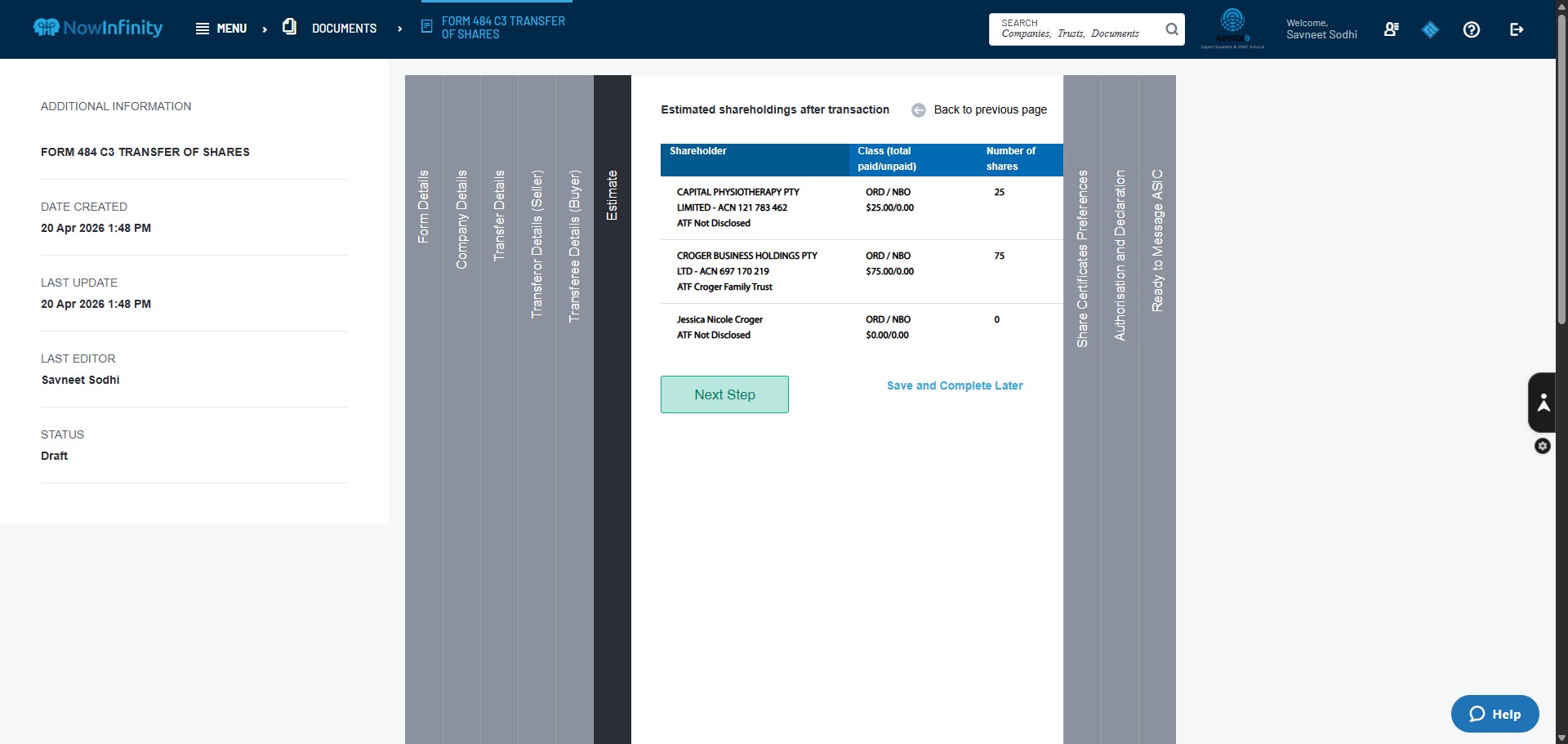 Click on "Next Step" to check what the share registry will look like after the share transfer form is submitted to ASIC.