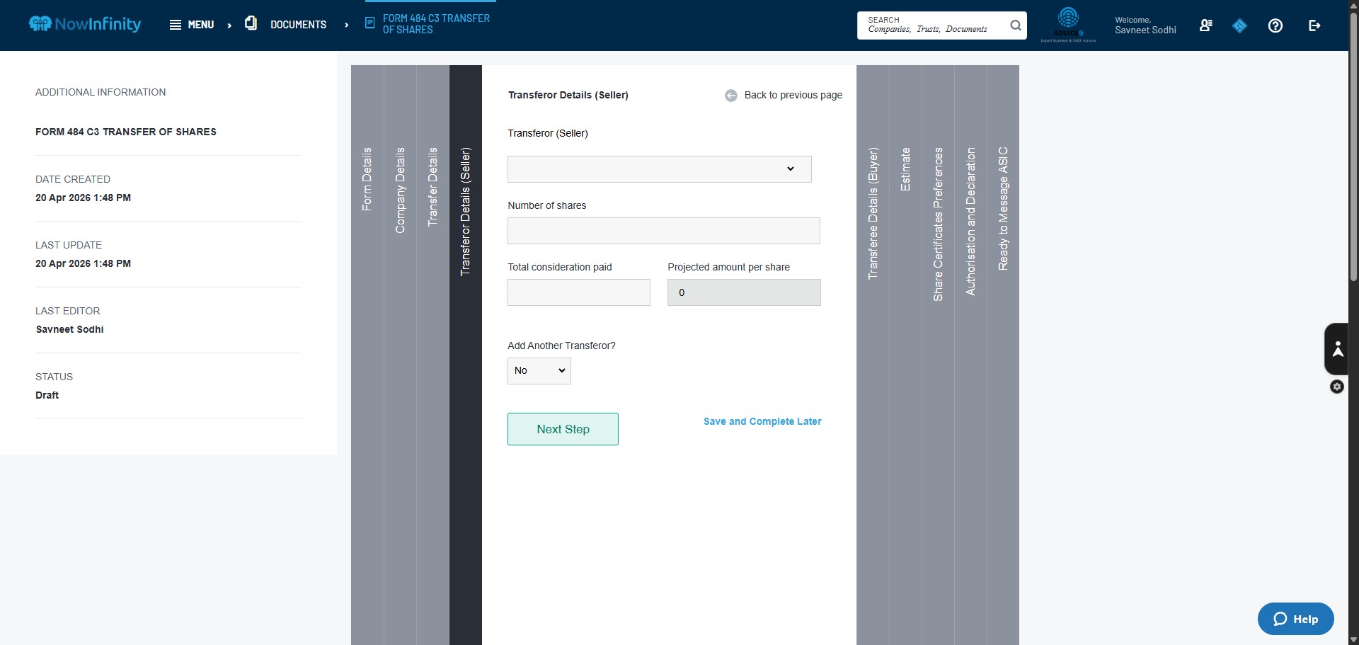 Click here to select the Entity/person transferring the shares.