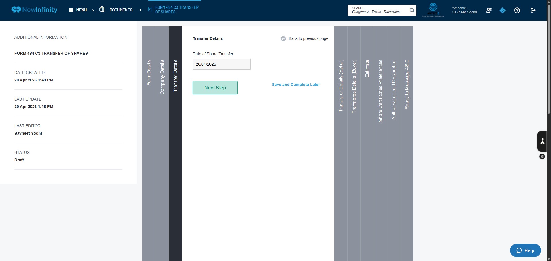 Ensure the Date of Transfer is entered as advised. Click on "Next Step"