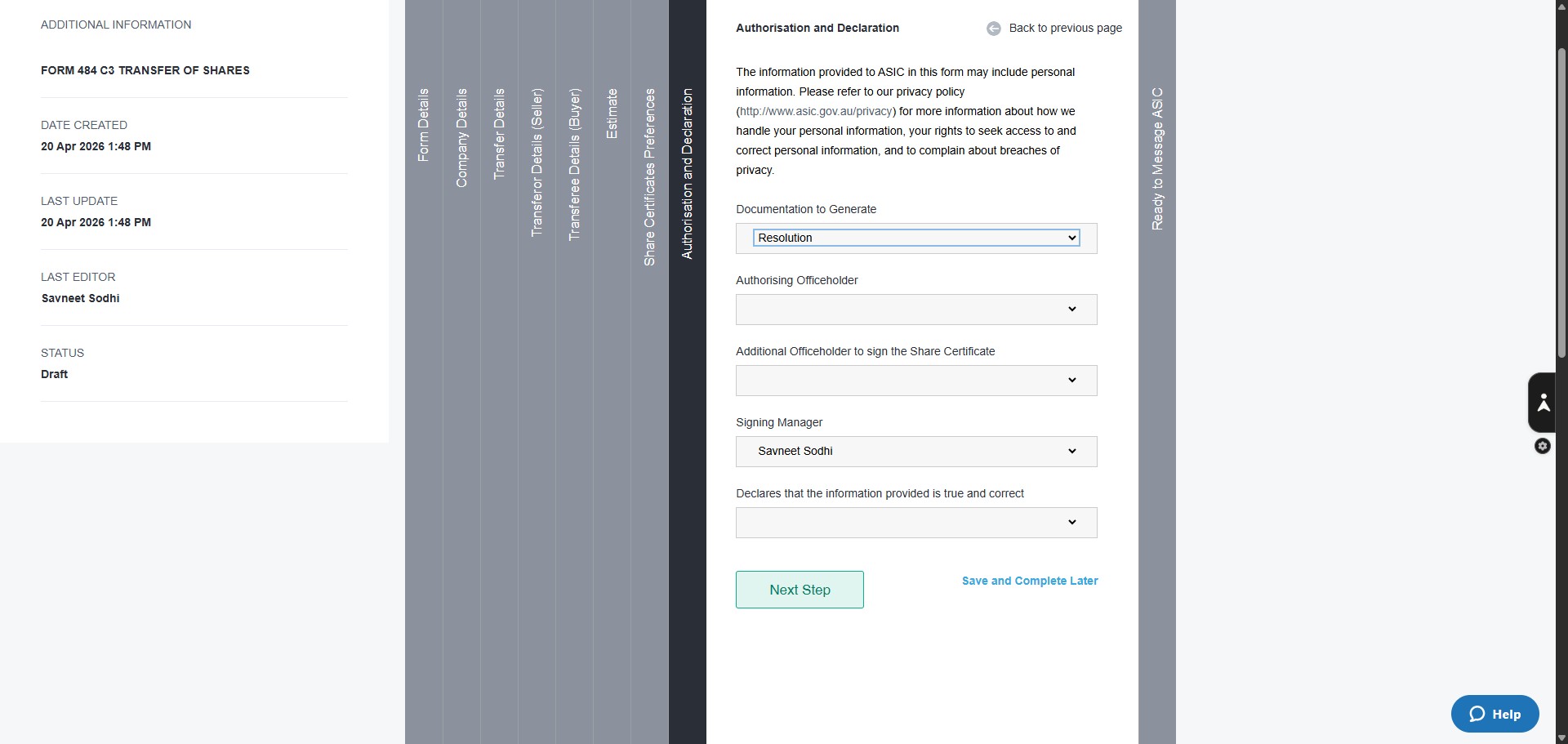 Click here to generate Documents as resolutions. Sometimes, the Managers may want the document generated as Minutes; unless specified, select Resolution.