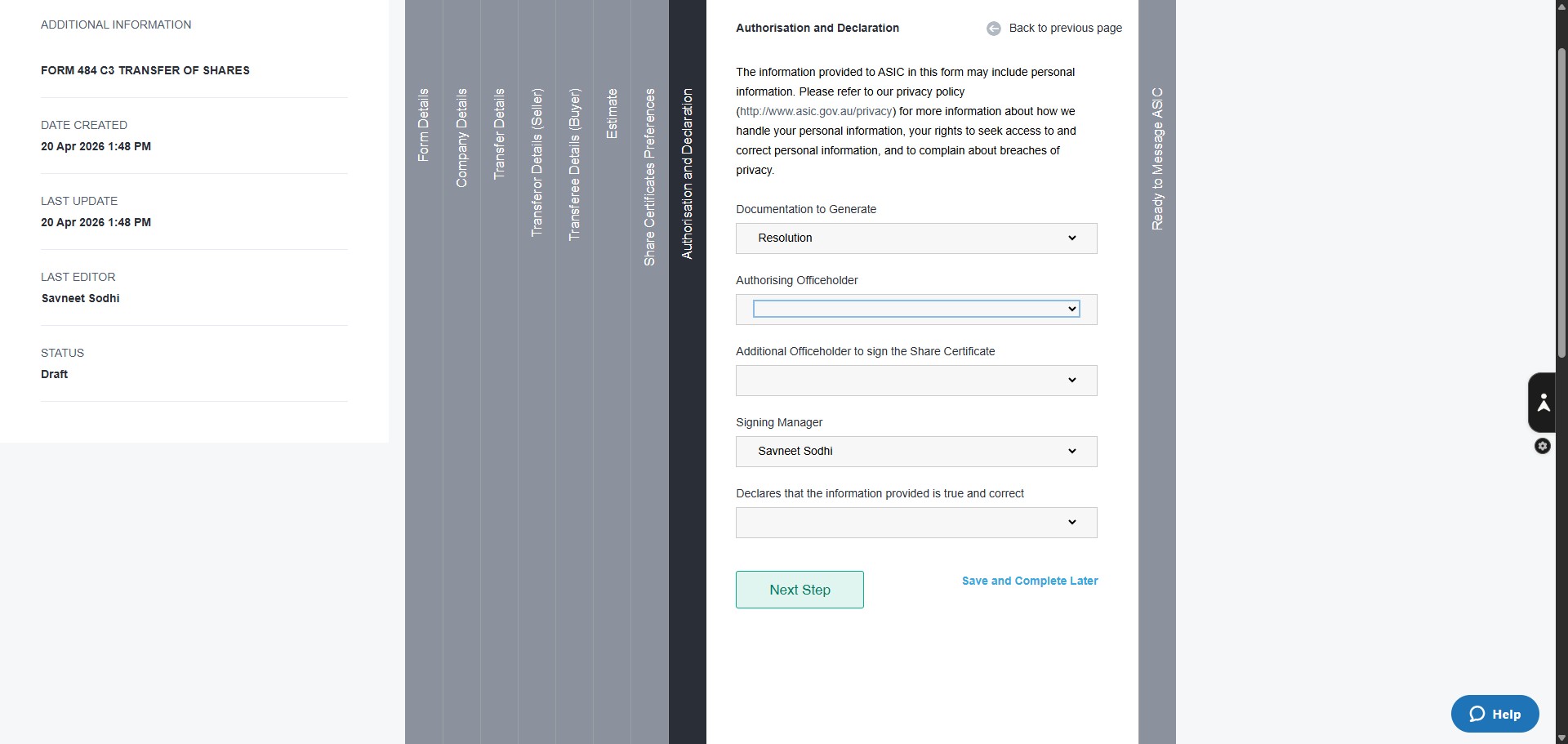 Click here to select the Director signing on behalf of the company.