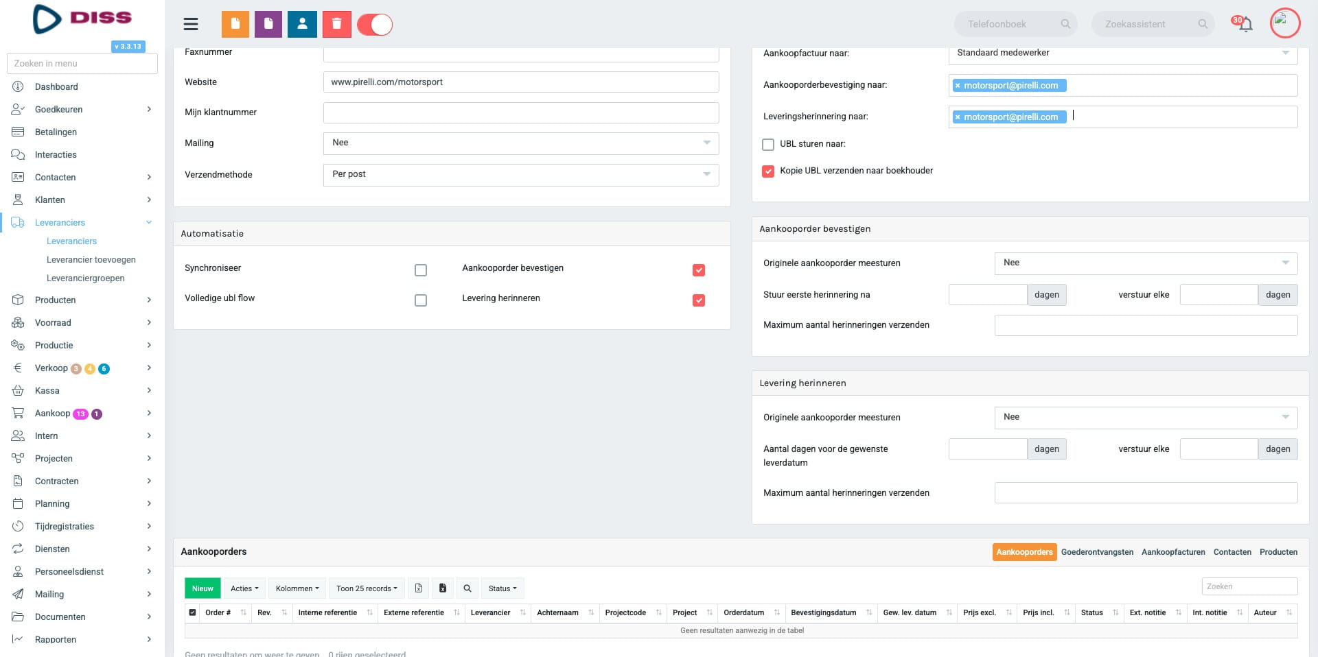 2 nieuwe parameters ingesteld voor bevestiging en bezorgherinnering.
Wanneer er een nieuwe leverancier wordt aangemaakt, worden de globale instellingen gekopieerd naar de nieuwe leverancier, maar indien nodig kunnen we specifieke parameters per leverancier instellen