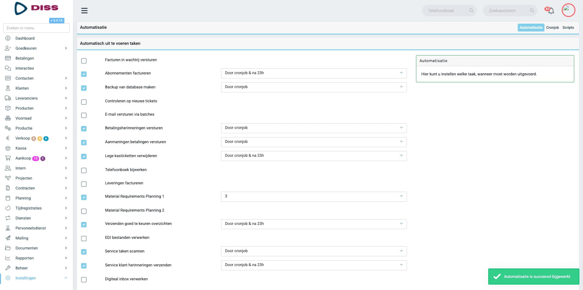 Deze herinneringen kunnen worden gepland via onze standaardmethoden. Zodra een selectievakje is aangevinkt, verschijnt er een dropdownmenu om de herinnering in te plannen. De optie 'Via cronjob' wordt gebruikt, zodat er elk uur een nieuwe evaluatie wordt uitgevoerd om de leverancier te herinneren. Dit betekent niet dat er elk uur een herinnering wordt verzonden!