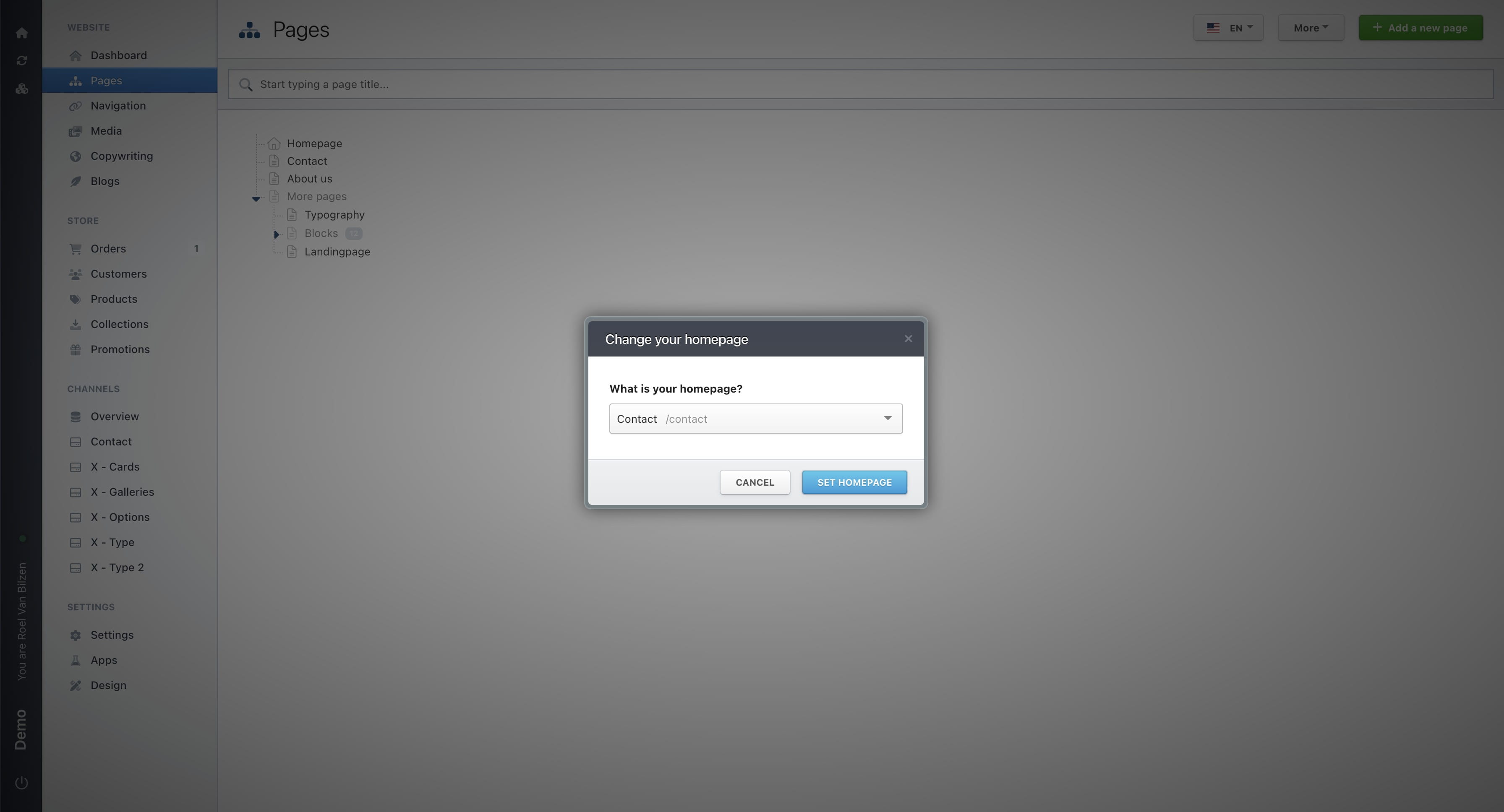 Click on "Set Homepage" to save the change.