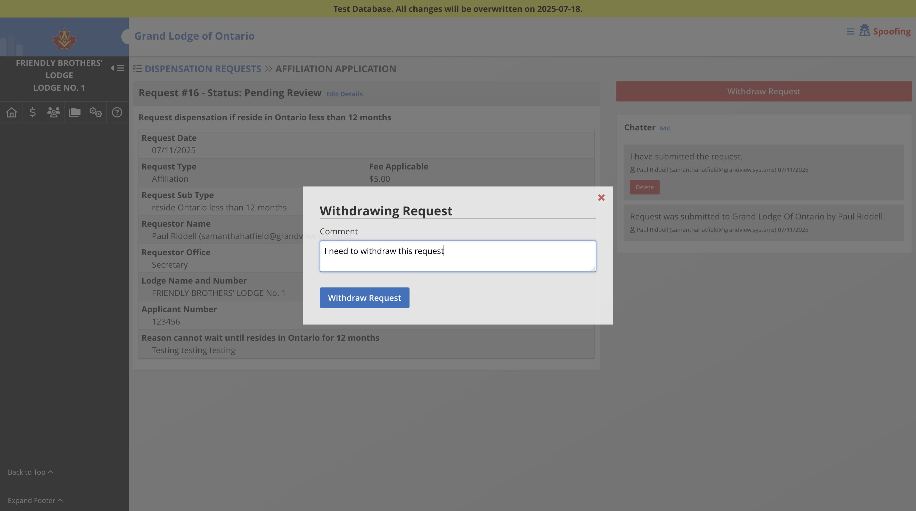 Enter a message, i.e. reasons for withdrawing. Then Click Withdraw Request