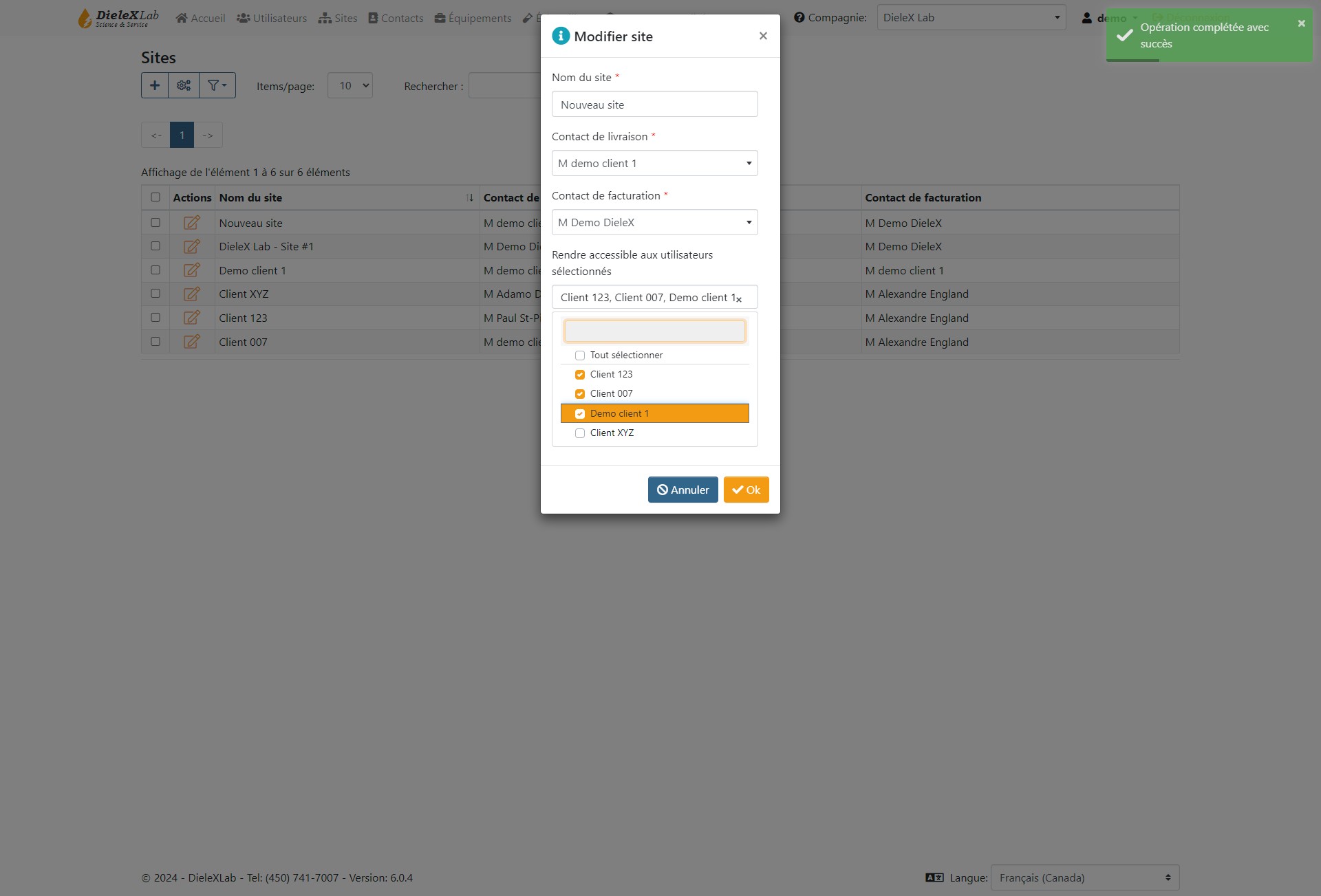 Vous pouvez donc changer le nom du site, les contacts de livraison et facturation ainsi que les utilisateurs ayant accès aux informations de ce site.