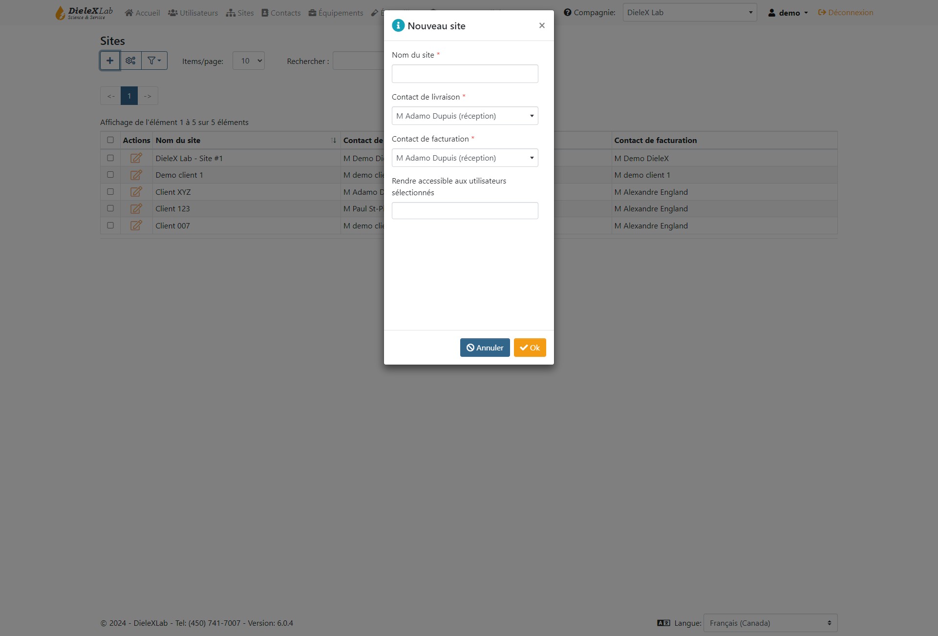 Entrez ensuite les informations pour le nouveau site:
**1. Nom du site:** Le nom qui vous permettra d'identifier ce site parmi les autres
**2. Contacts de livraison:** Le contact à qui seront envoyées les pots et seringues pour les échantillons. C'est sur les détails de ce dernier qu'il vous est conseillé de renseigner un numéro de référence chez un expéditeur avec qui vous faites affaires (Purolator, DHL, Poste Canada, autre...)
**3. Contact de facturation:** Choisissez ici le contact qui recevra les factures pour les analyses de laboratoire. Ce contact peut être le même sur plusieurs site si vous le désirez, ces derniers sont partagés par tous les sites d'une même compagnie.
