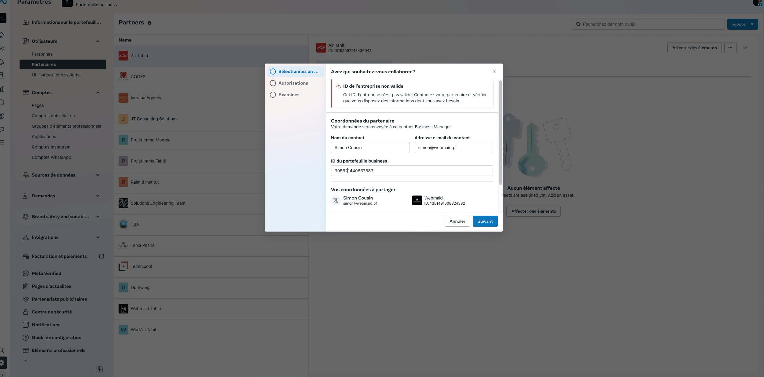 Saisissez l'ID du Business de l'entreprise cliente
