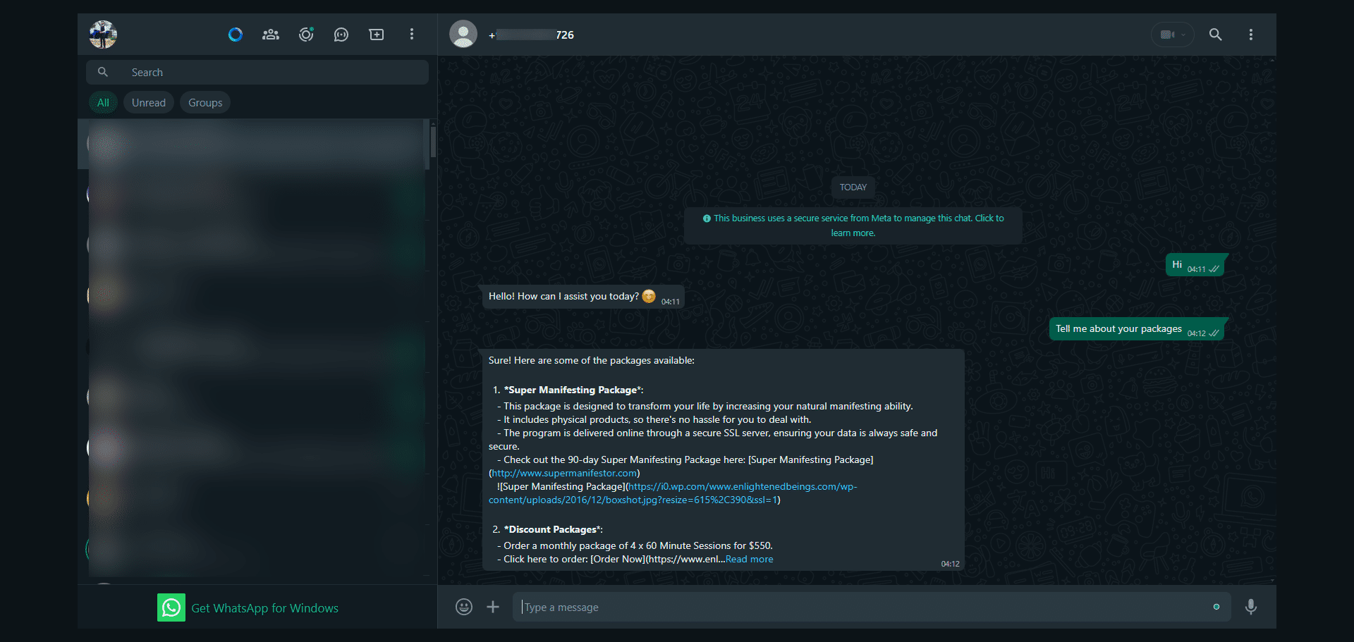 User can chat in their WhatsApp application using the above link and ask questions from the chatbot. 
