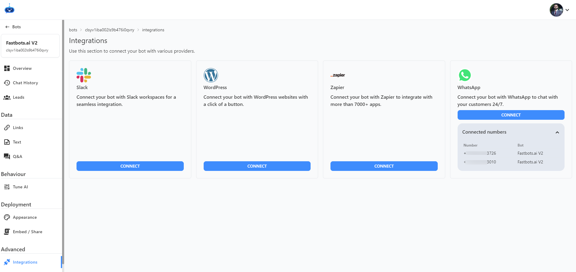 After clicking on Finish, the integration will be completed. You can check the connected WhatsApp number on the Integration page.