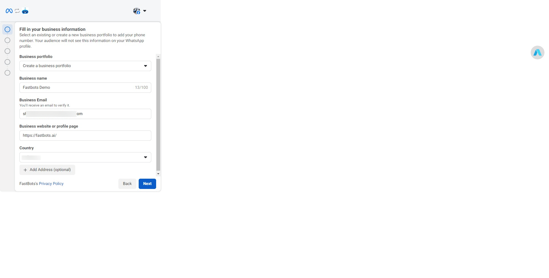 Add your Business Email, Business Website, Select your country and click on the "Next" button. 