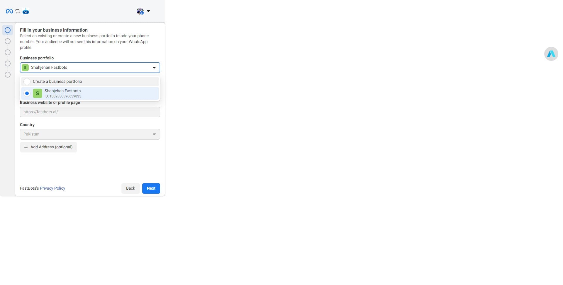 Click on the drop-down menu and select the "Create a business portfolio" option. 