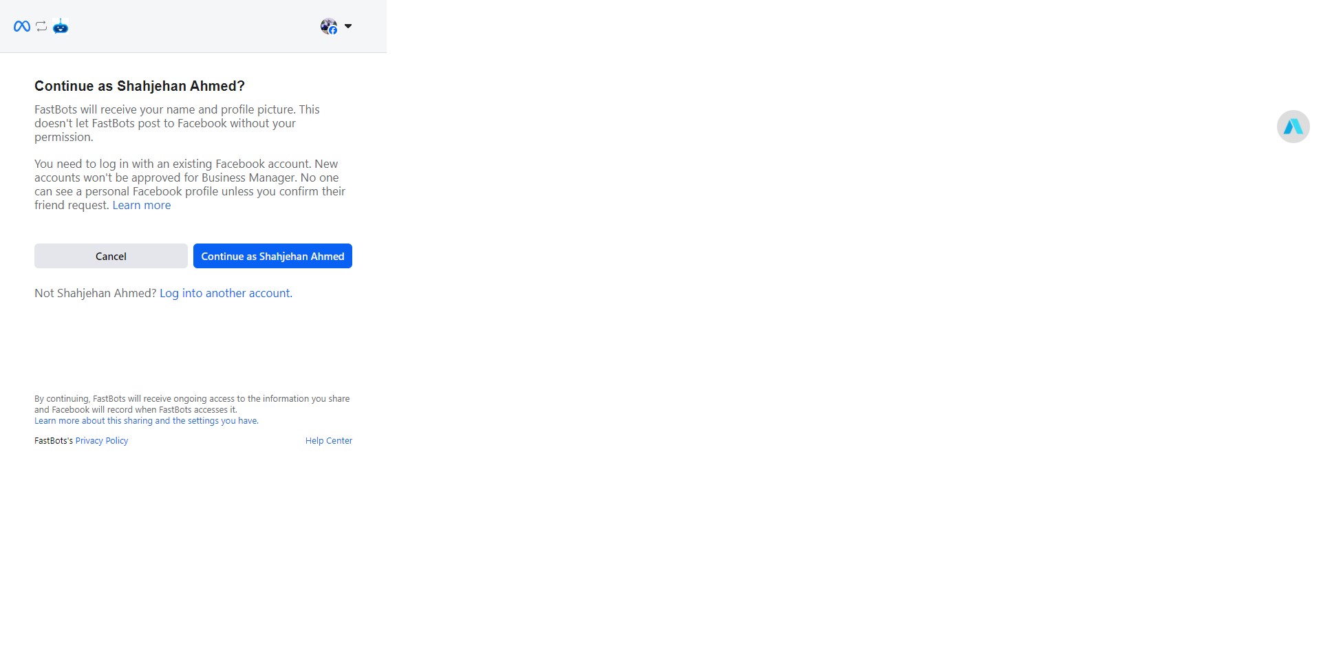 The first step is to connect your Facebook account. So add your Facebook account credentials and click on continue. 