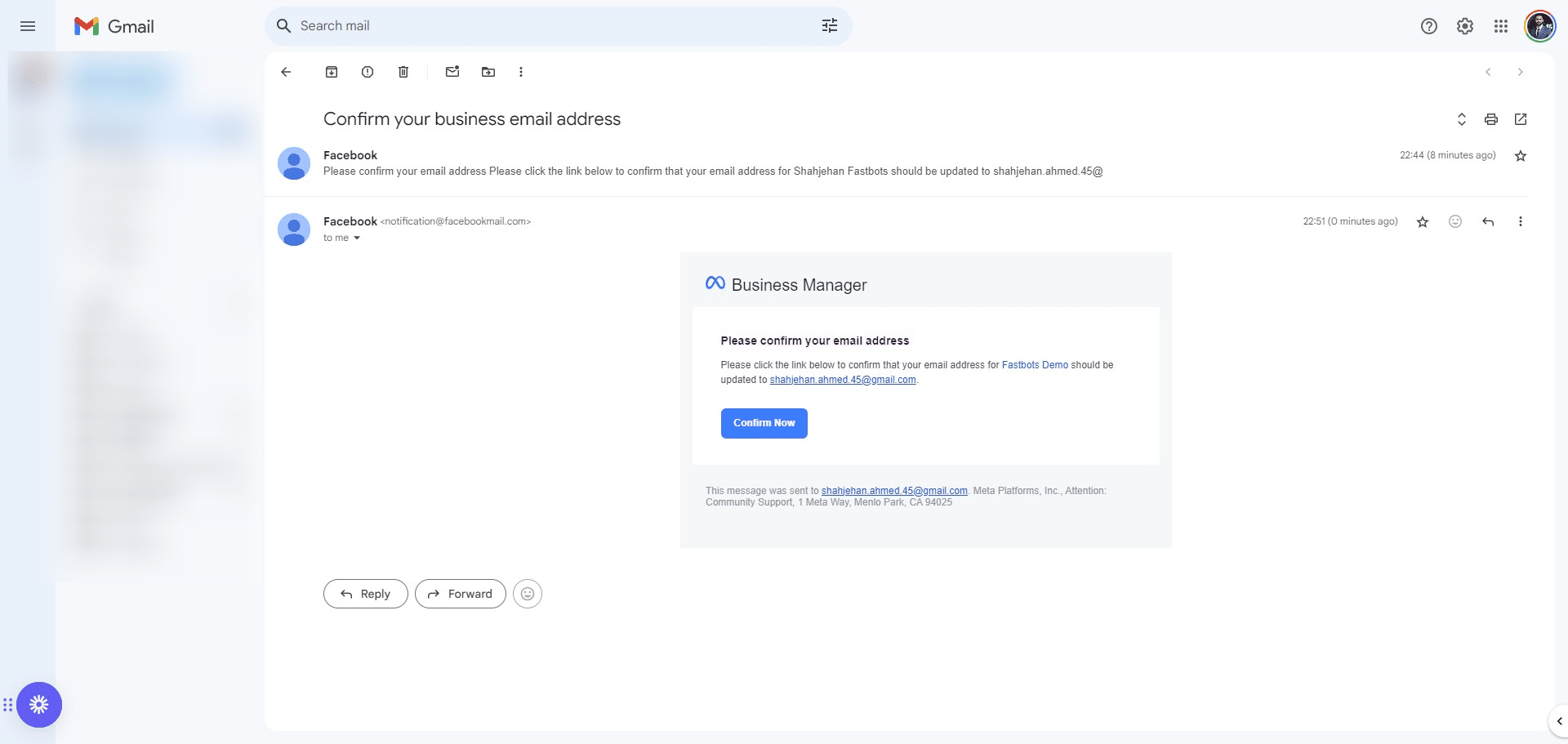Check your email address for the confirmation email from Meta and click on "Confirm Now" button to complete the verification. 