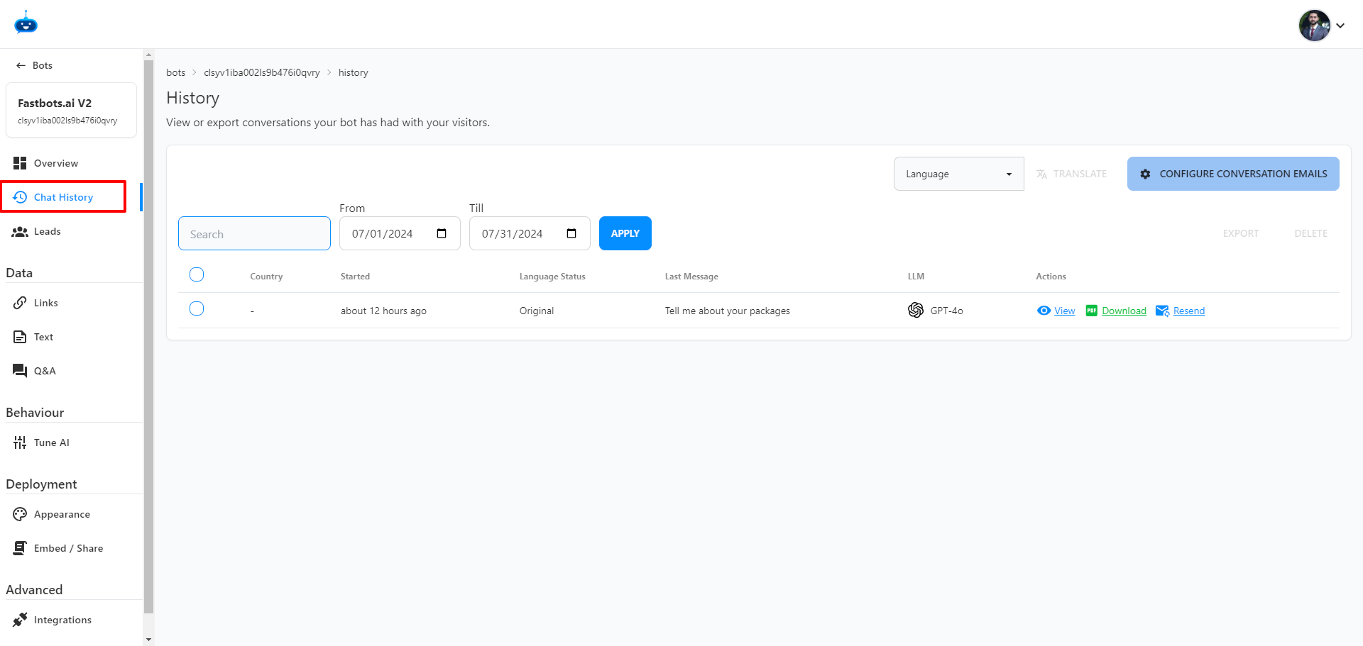 You can check all the conversations in your chatbot on the "Chat History" page.