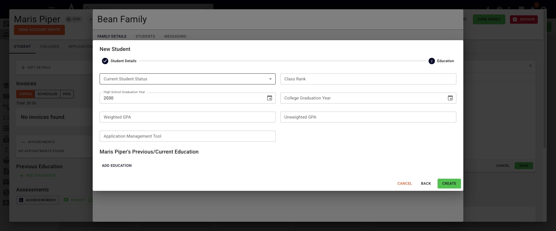 Add any information you may have to the **Education** page and then click **Create.**