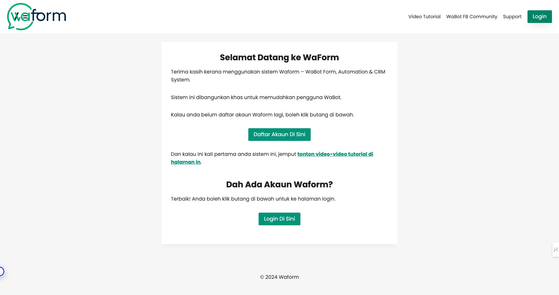 Untuk mendapatkan link webhook dari Waform, login di https://waform.my