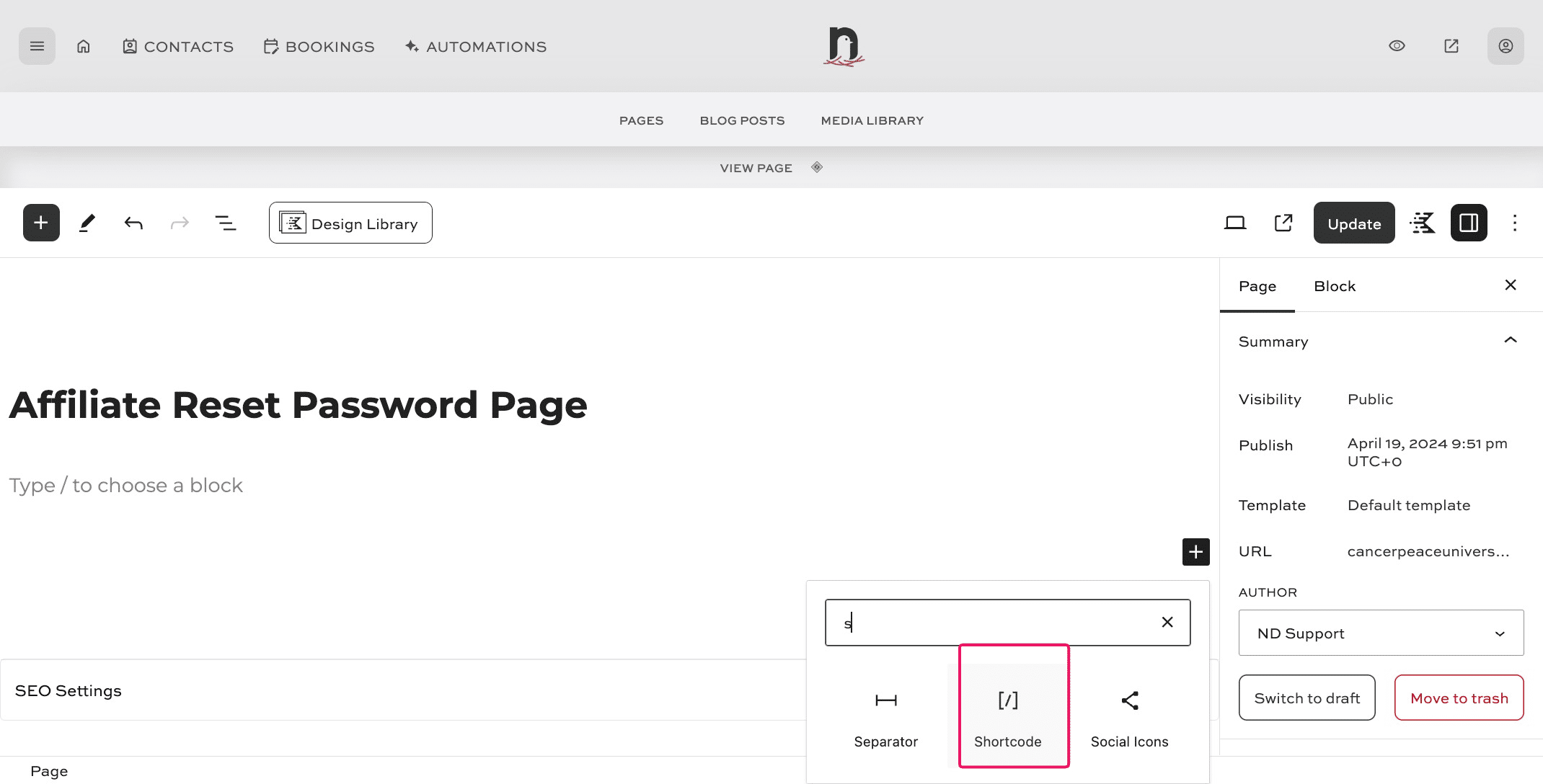 Click the 'Add Block' icon, and locate the 'Shortcode' block