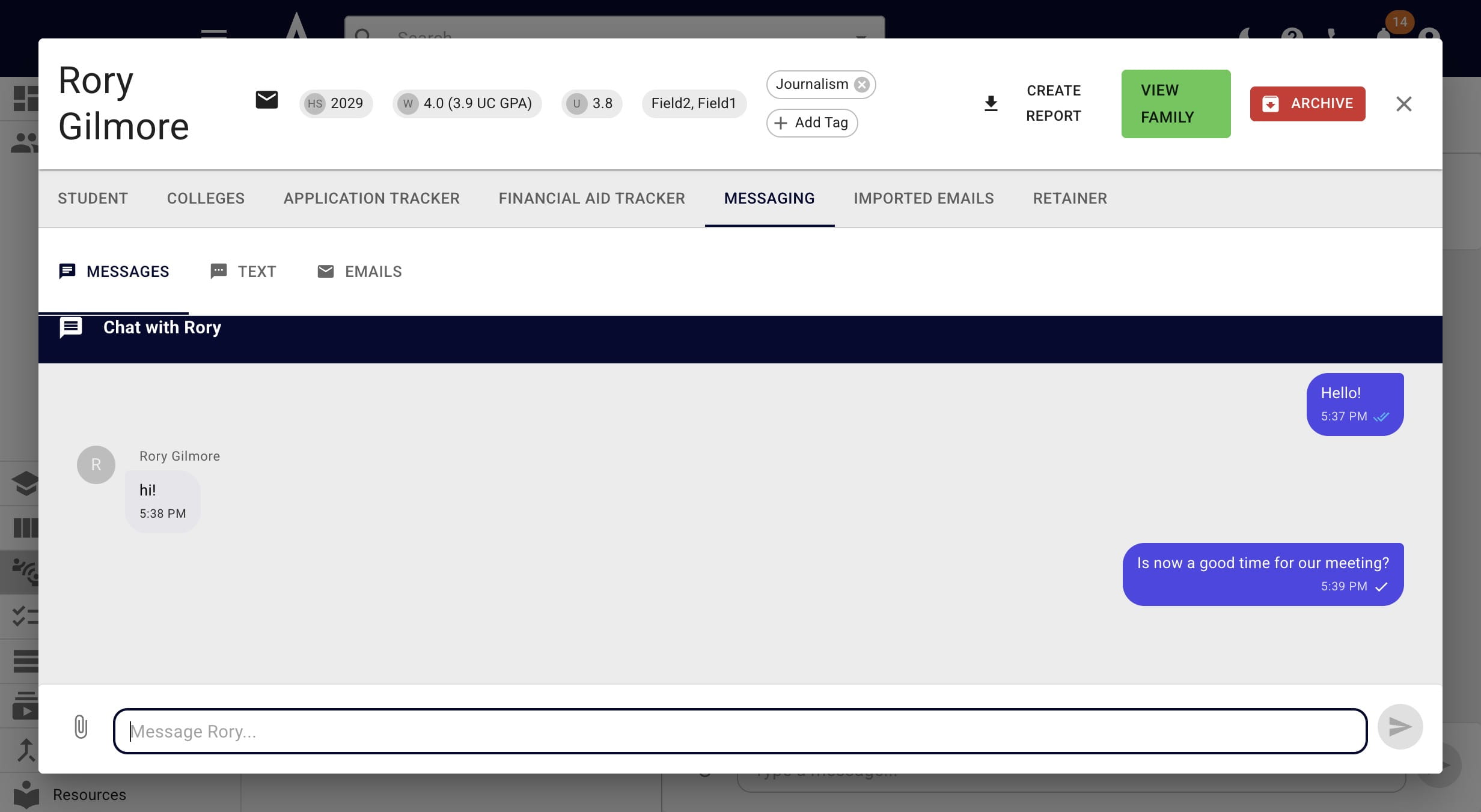 You'll then be able to send and receive texts from your student. 