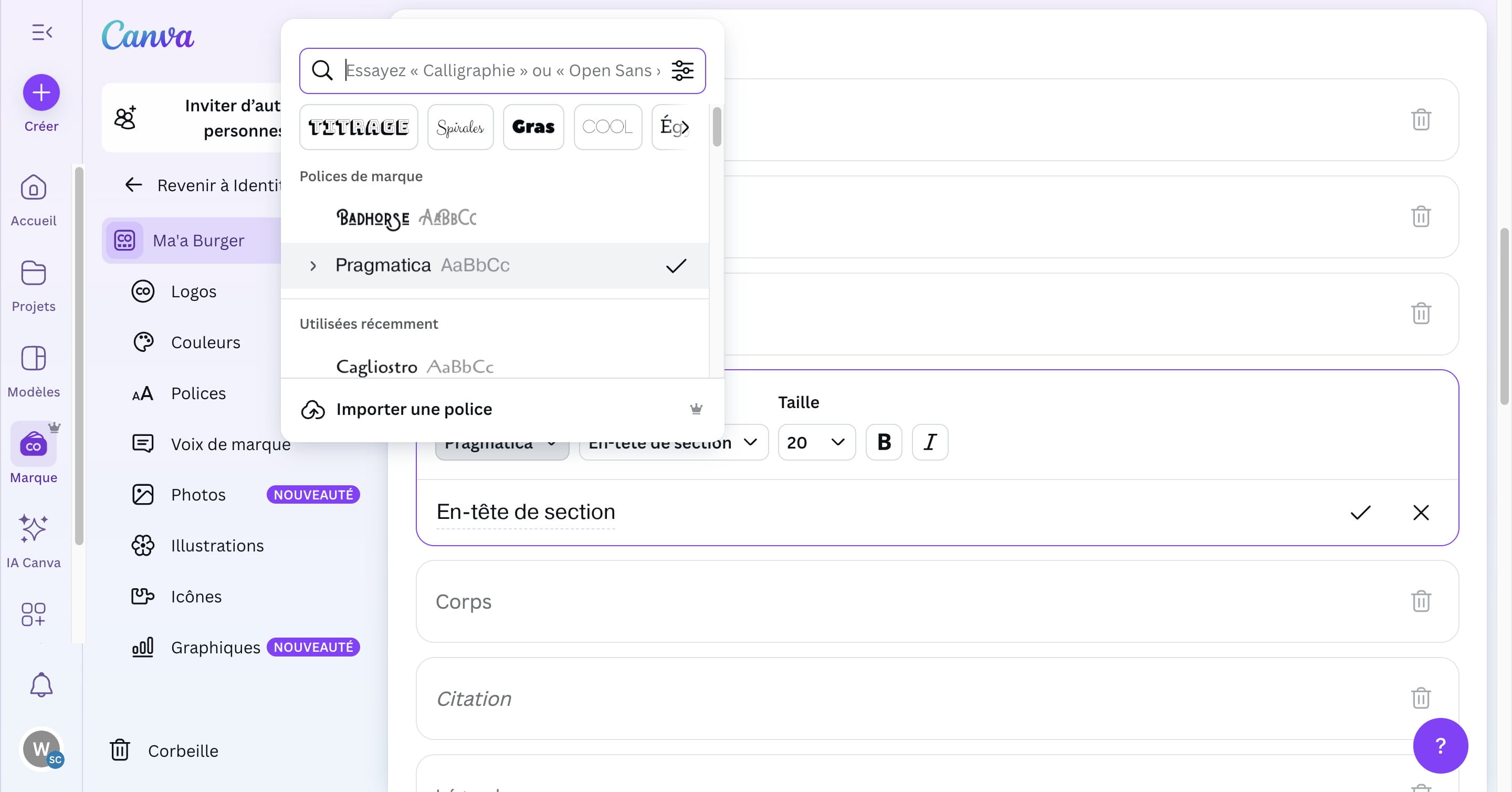 Cliquer sur la flêche à gauche lorsqu'elle est présente pour dévoiler les différentes épaisseurs disponibles pour une même police. 