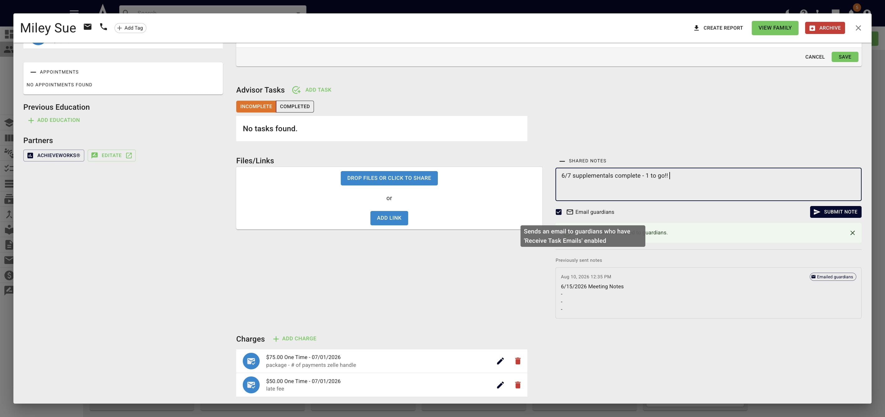 If you want this shared note to only show on the student's Achieve dashboard, not be sent to guardians, ***uncheck*** the **Email guardians** box & then press **Submit Note**