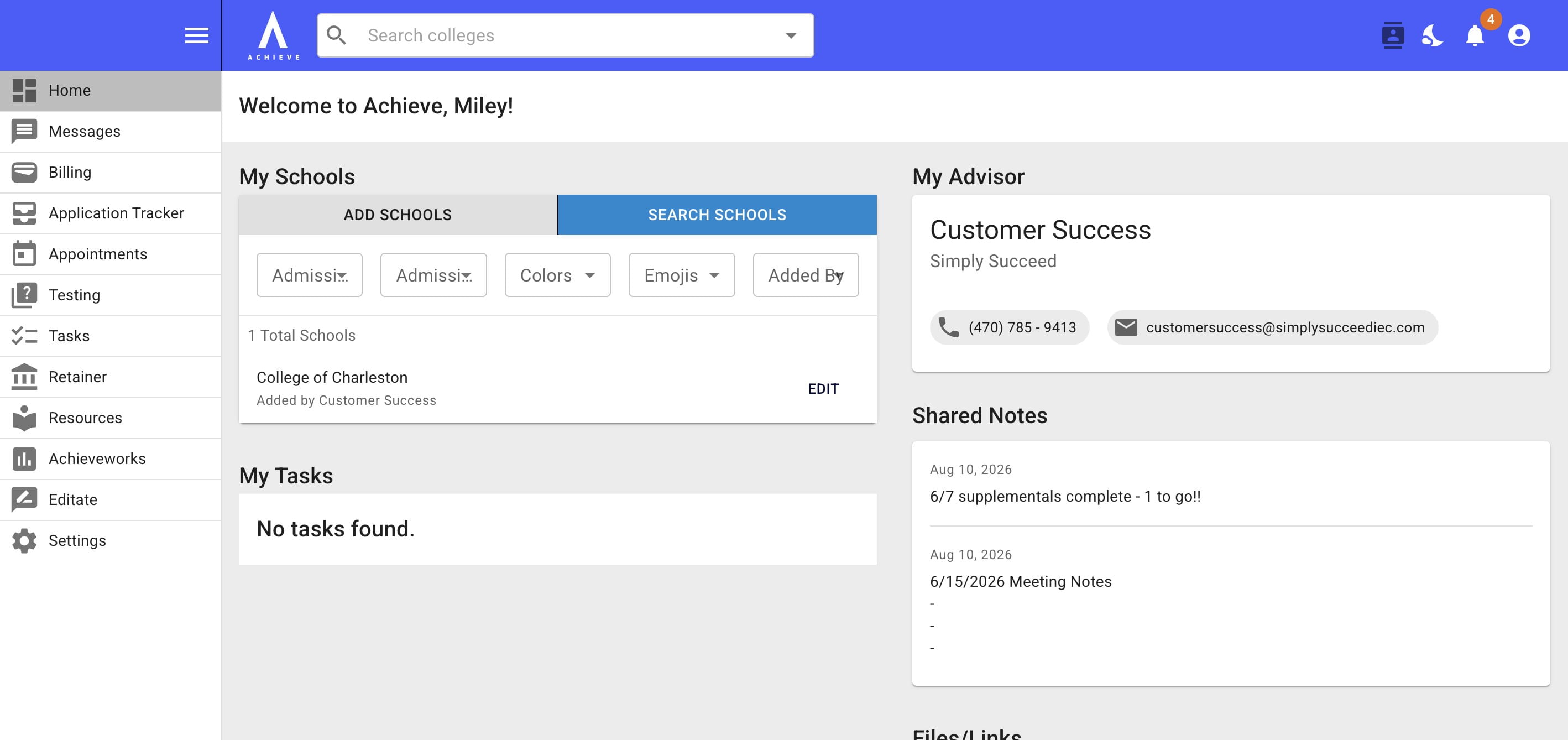 Below is what **Shared Notes** look like on the student's dashboard. It's a great spot to add meeting notes, announcements, or other updates!
