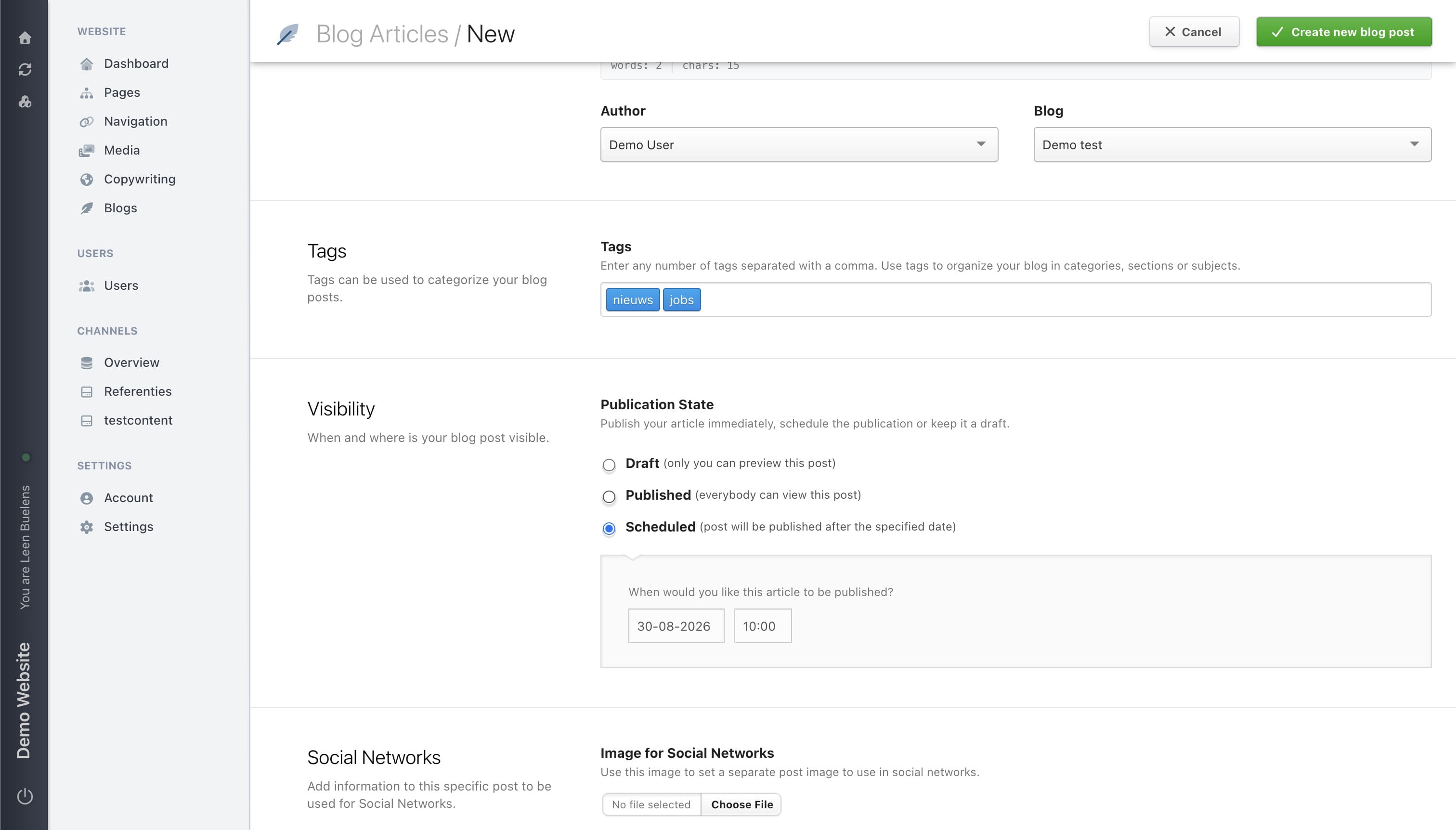 To publish a post immediately, select 'Published'. The blog post will automatically appear on the website.