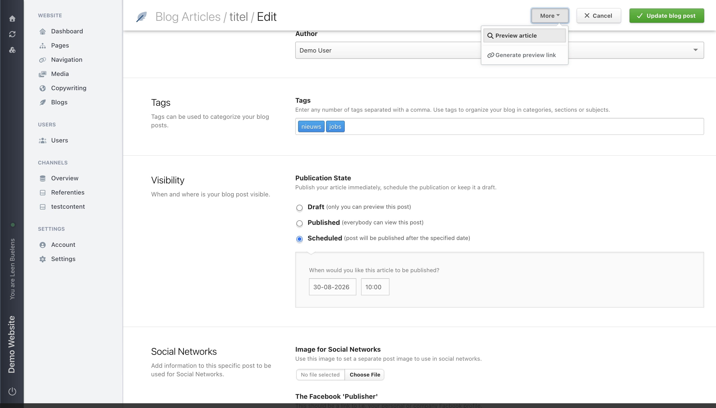 Select **Generate preview article** to preview what the blog post you created looks like in the website.