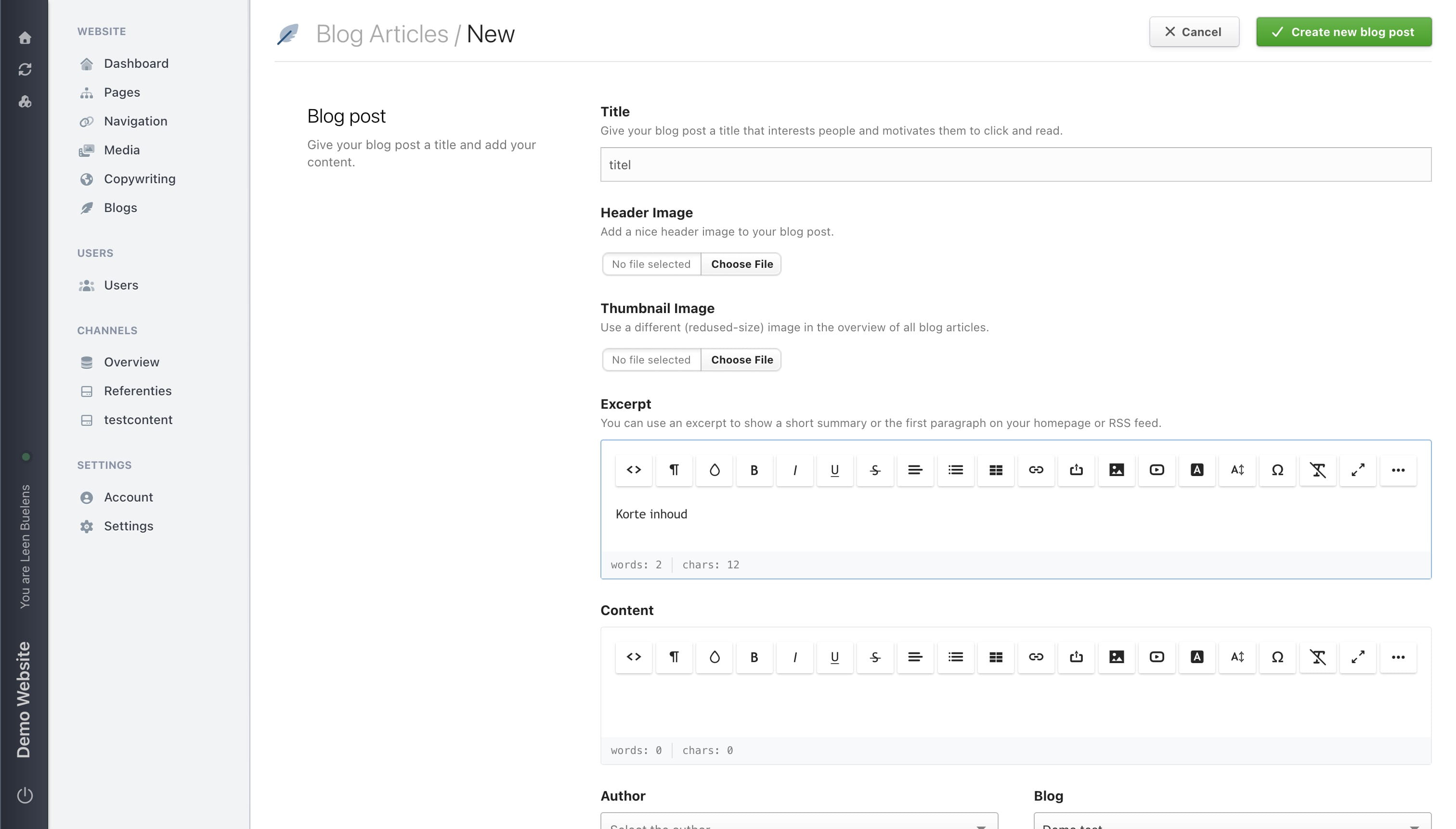 Add the full blog text in the **Content** editor