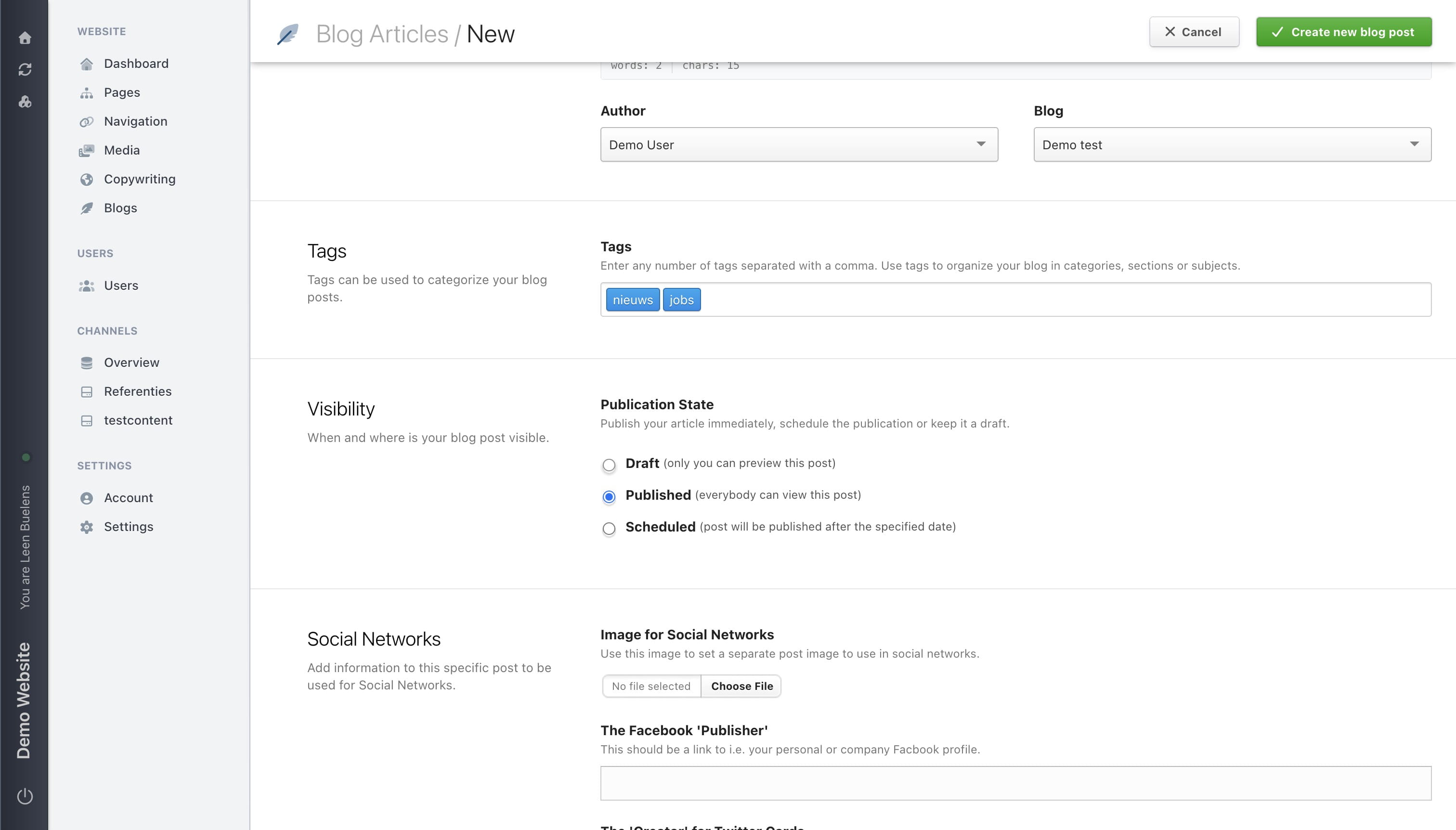 Select the **Draft** radio option to keep a blog post in draft mode and work on it later or let it be reviewed first.