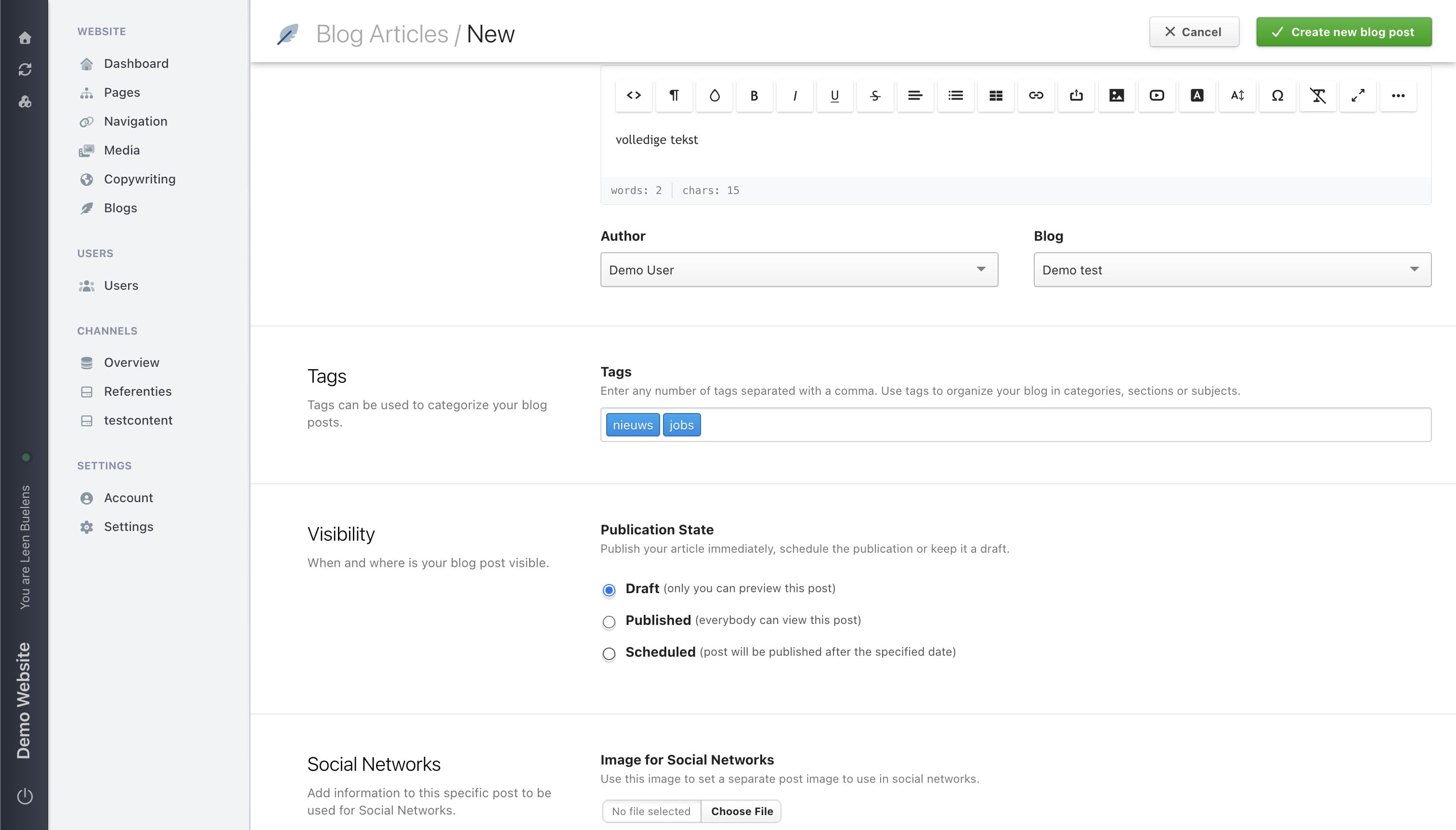 Schedule a post to be published in the future by selecting 'Scheduled' and setting the desired date.