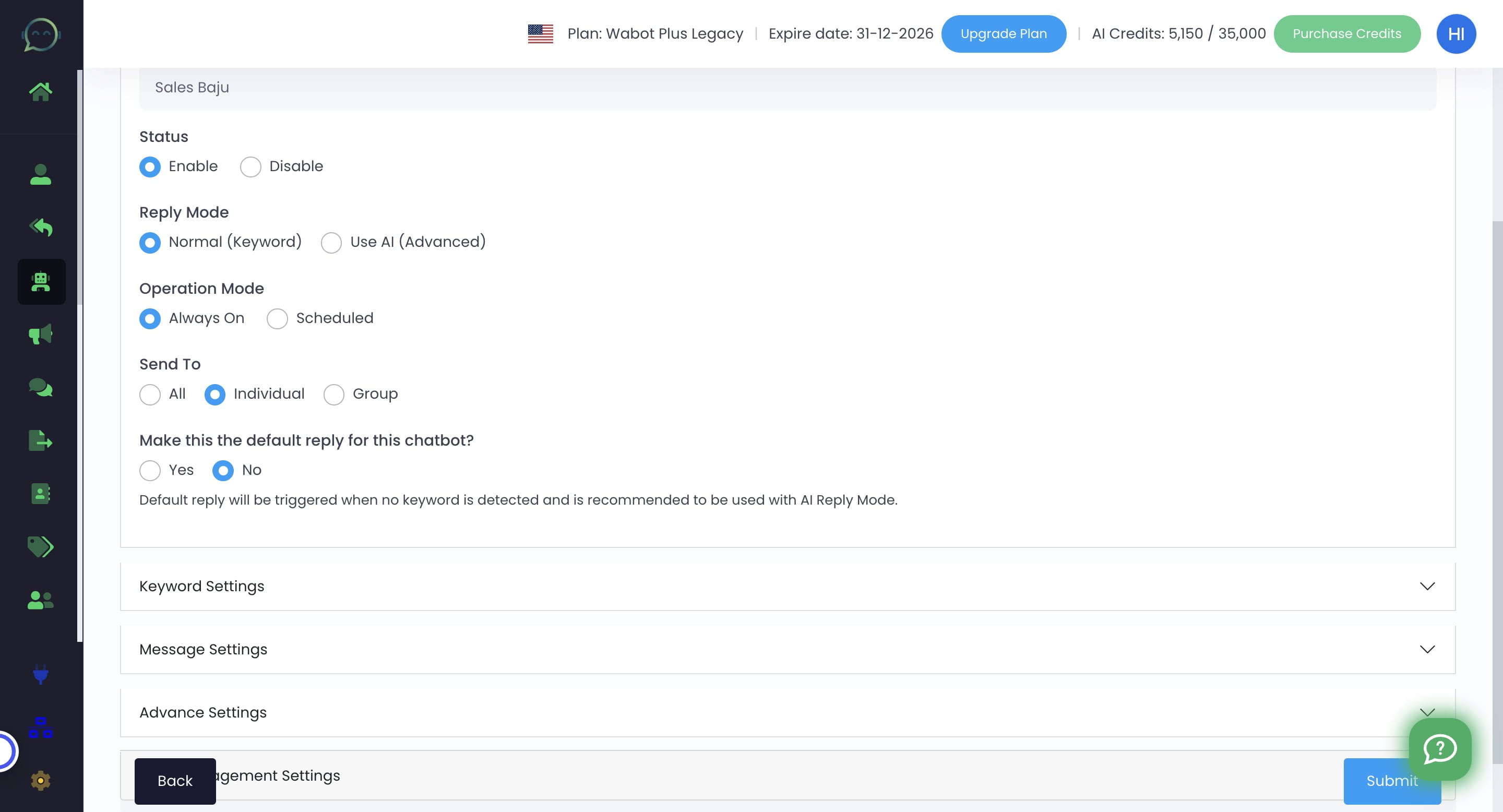 Choose "No" if this is not main default reply 