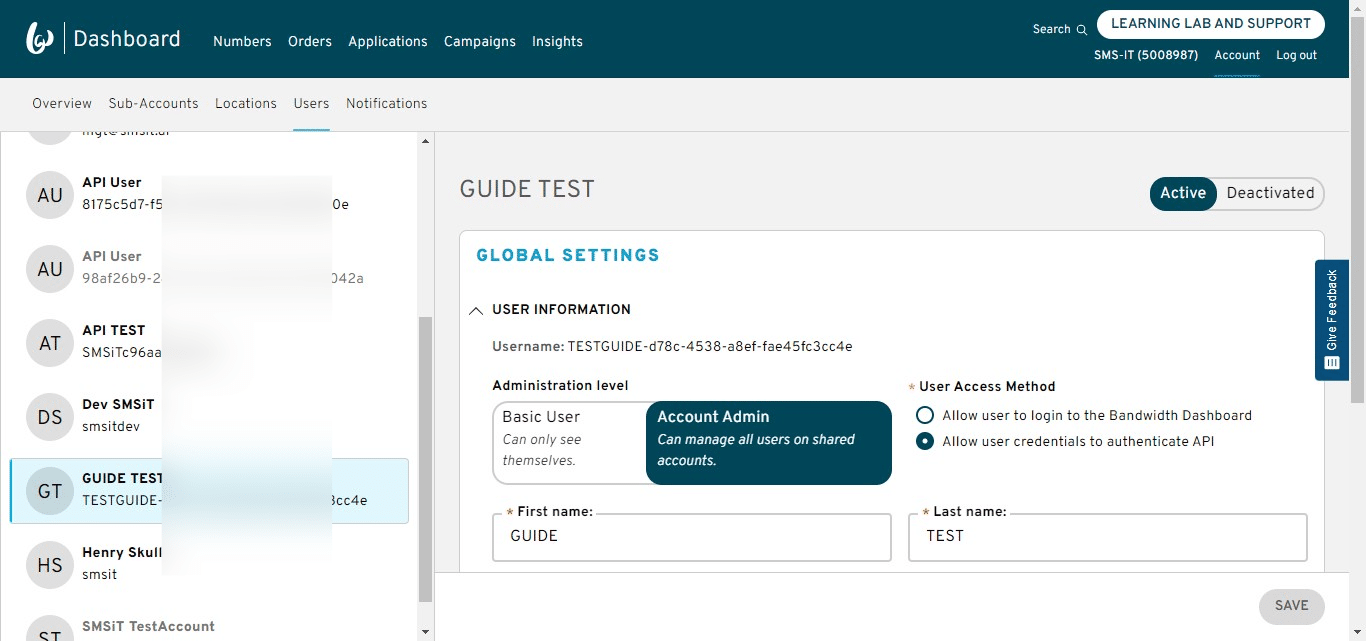 The user has been created in this example "Guide Test"