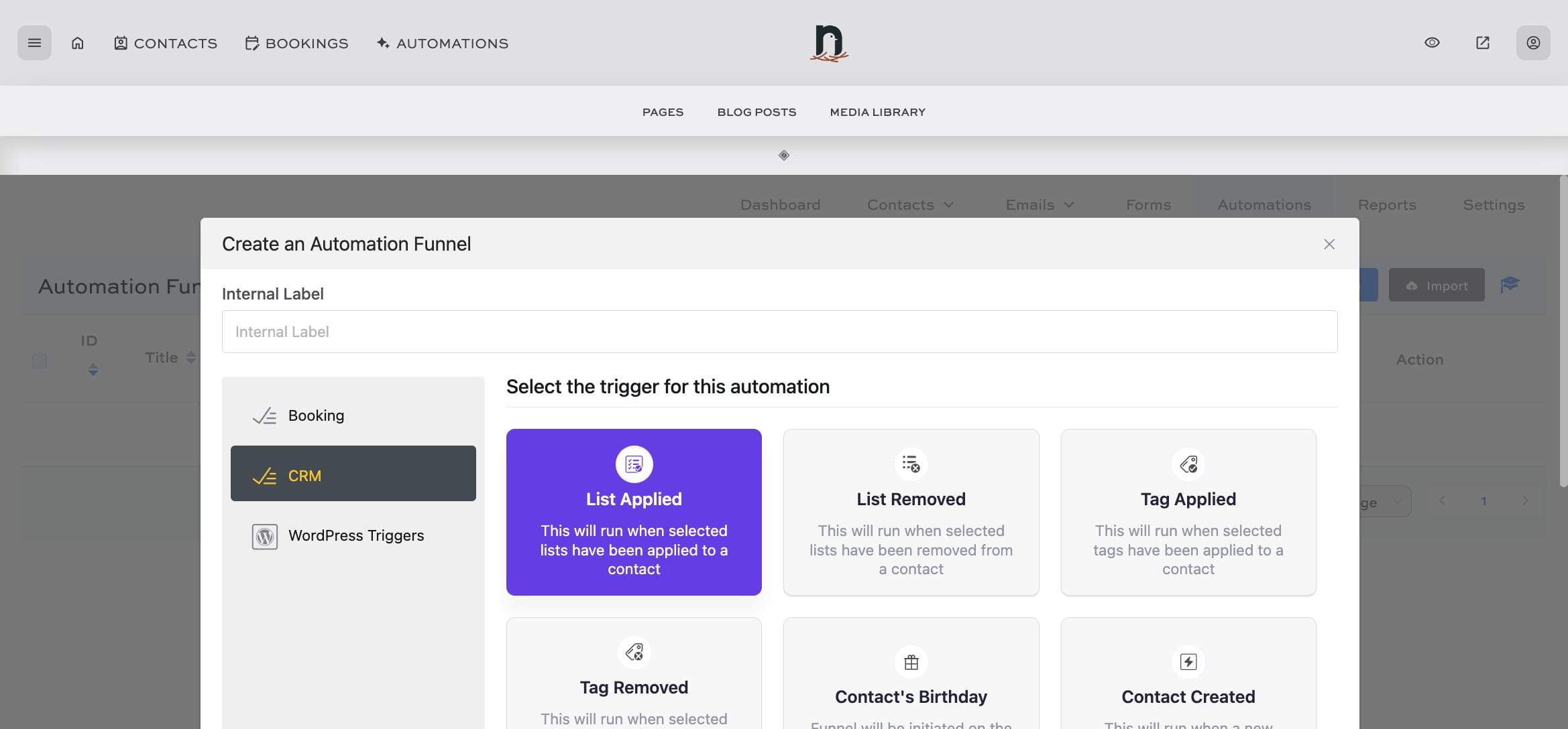 Under the 'CRM' tab, select 'List Applied' as the trigger for this automation