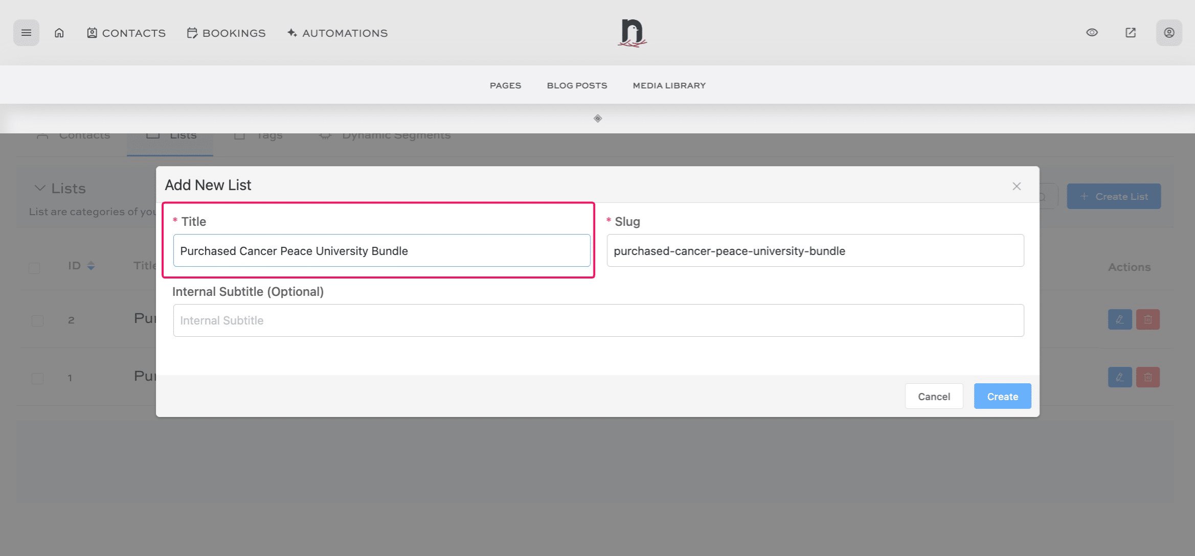 Give the list a title, then click "Create"