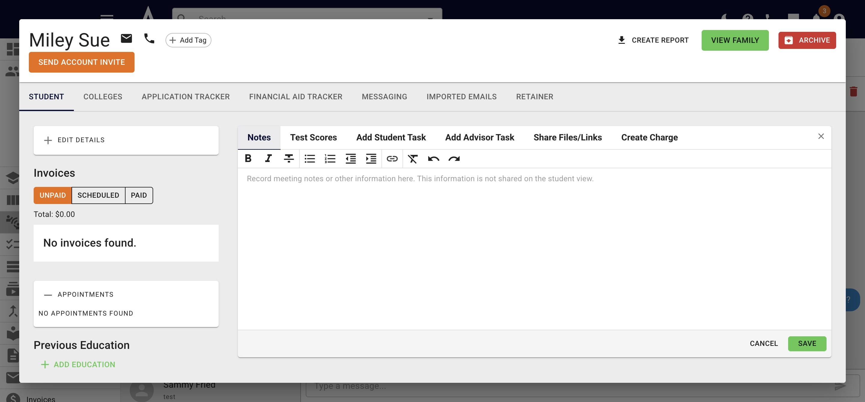 When you have a student's profile up, you can also click on **Messaging** to view text conversations. 