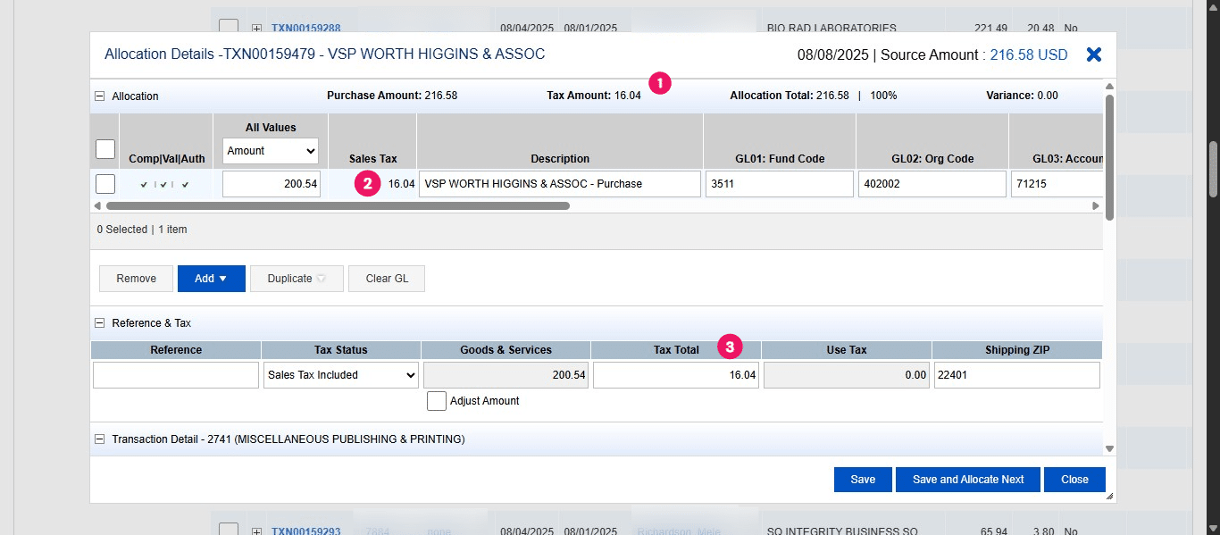 The tax is referenced in several areas within the Transaction Details. To change that, under the Reference & Tax Section, click on the drop down under Tax Status. 