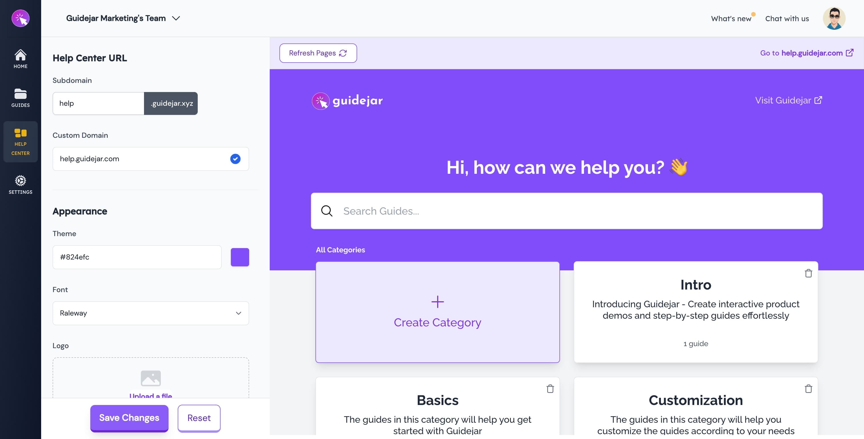Click on '**Refresh Pages**'
This will invalidate cache for all the guides added to your help center. You can use this option when you want to rerender all the pages in your help center in one go.
**Note**: This only works for the guides added to your help center