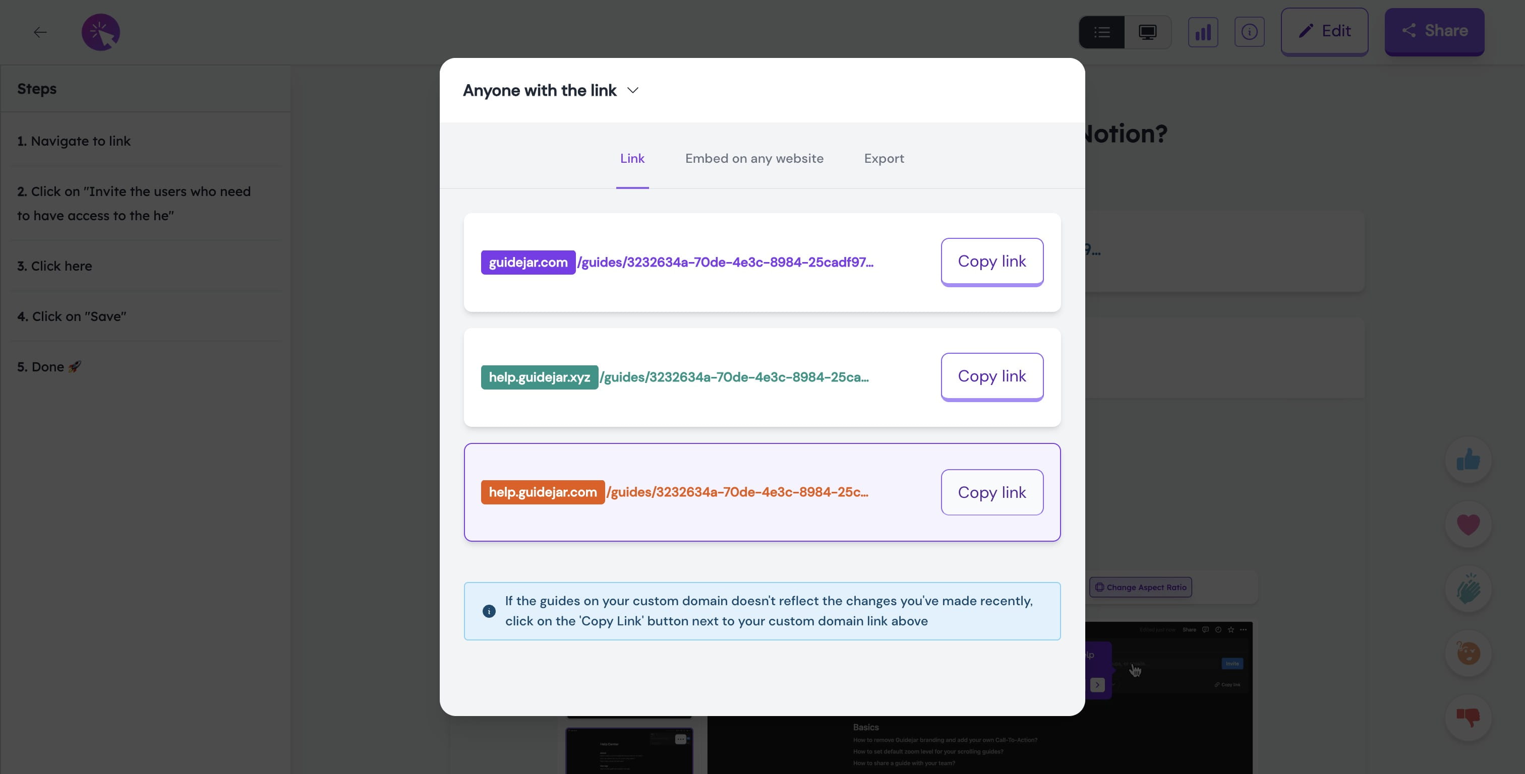 Click on "**Copy link**"
This simple action reloads the custom domain link and publishes all your recent changes instantly.