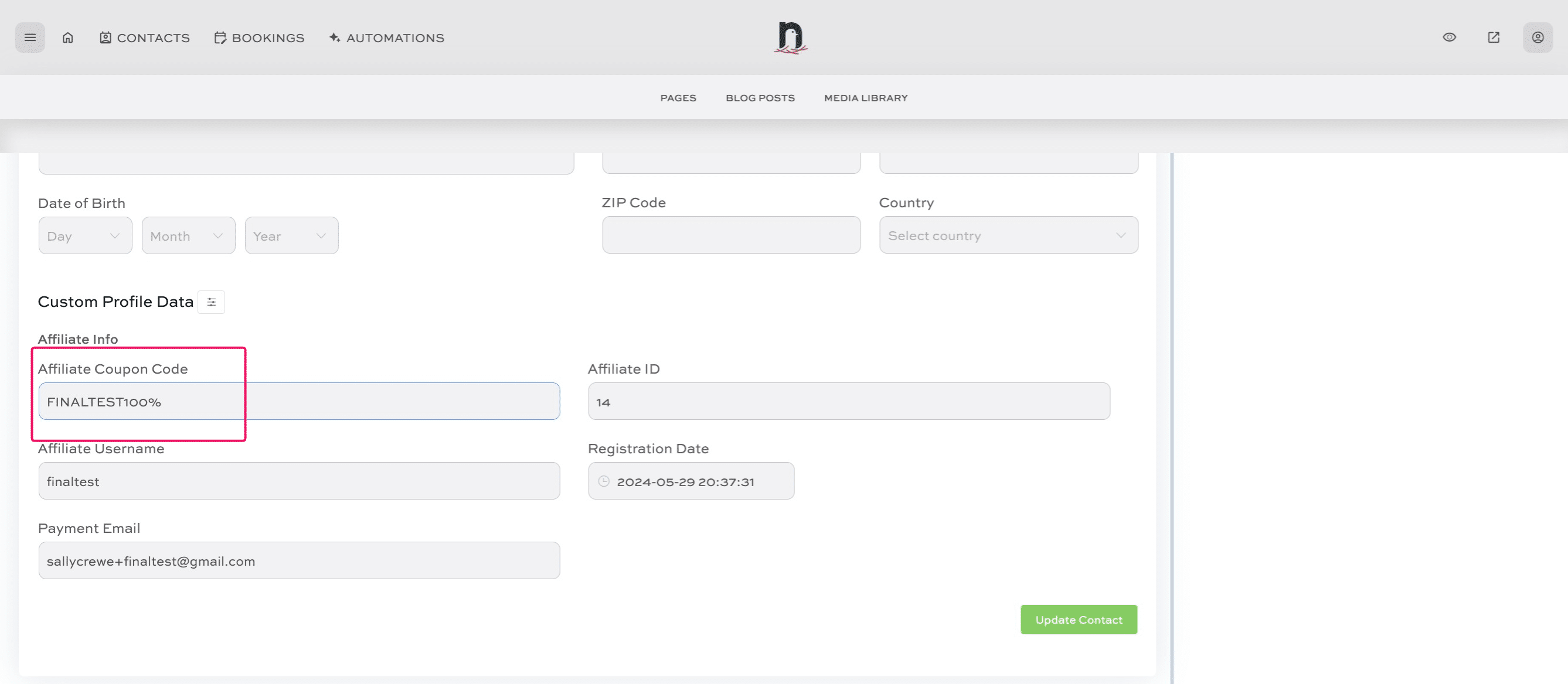 Enter their coupon code and then click on "Update Contact"