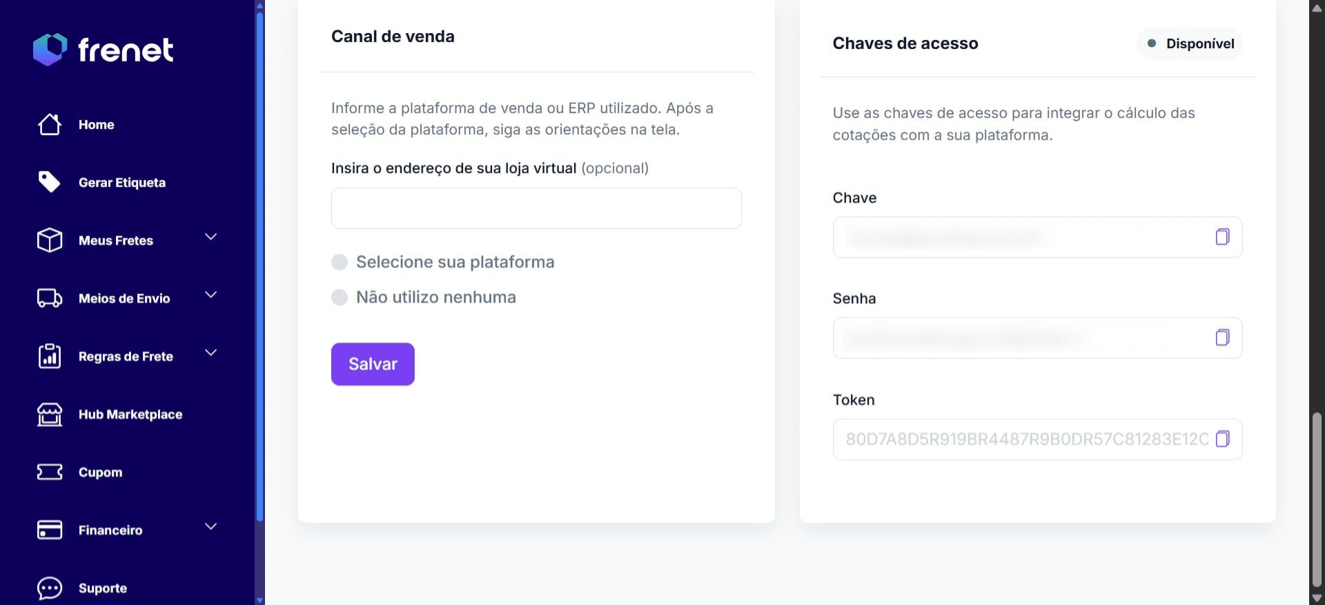 Role a página até encontrar a seção Chaves de acesso, onde estará o seu token.