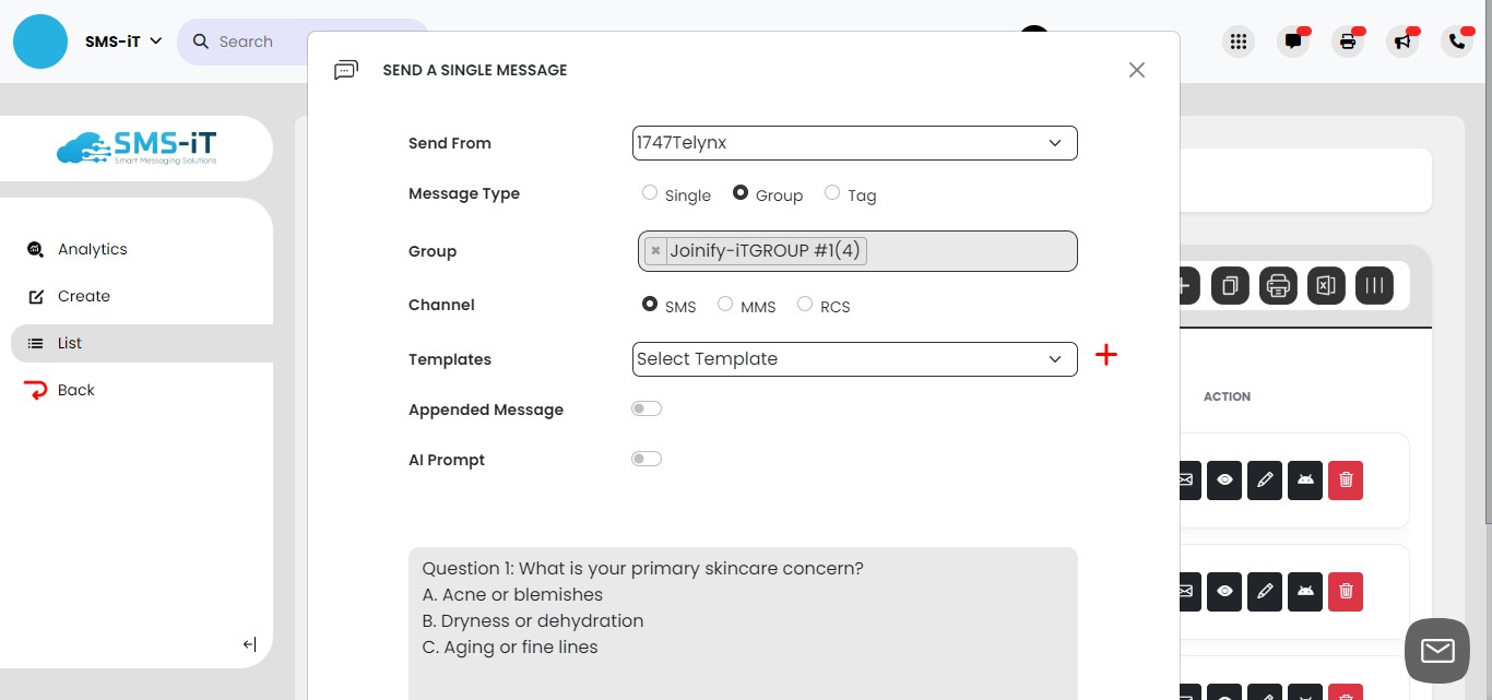 You can send as an individual text or select a group to text. Remember: The group to send to should be customers/clients who have already opted into your system.