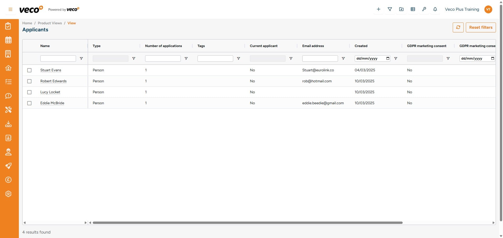 The 'Applicant' view will show a list of contacts to call out from