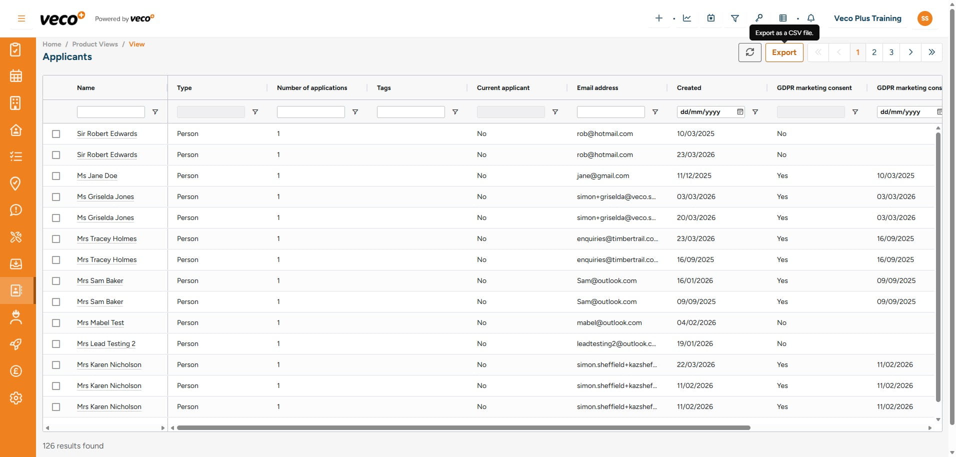 This report can then be downloaded by selecting 'Export'