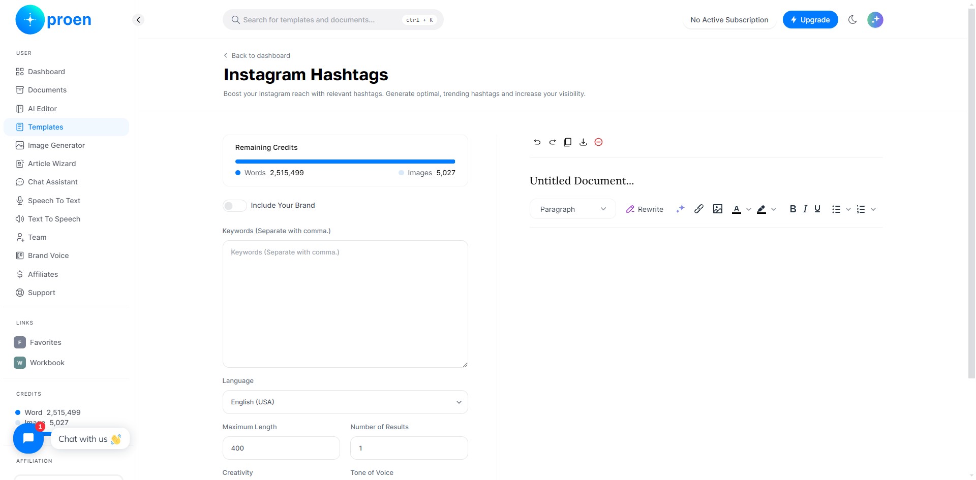 Enter the keywords you would like the generated hashtags to focus on. Separate them with commas.