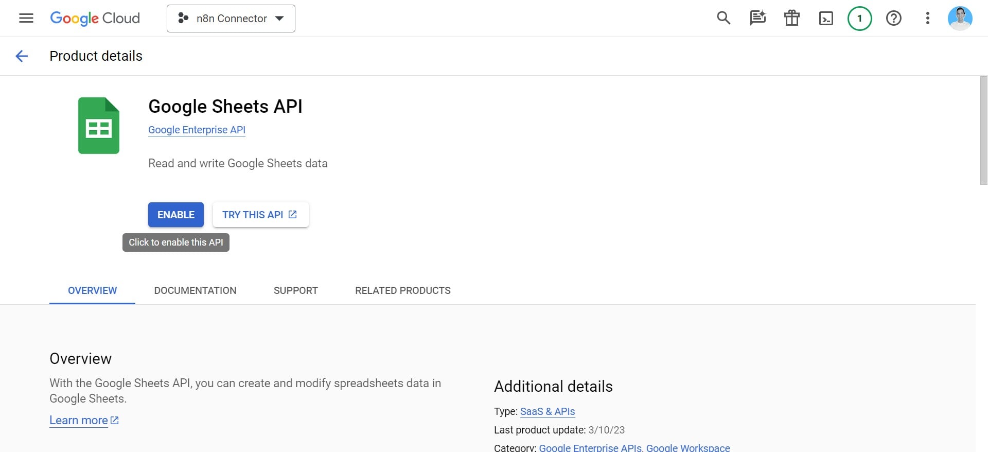Click on "Enable Google Sheet API"