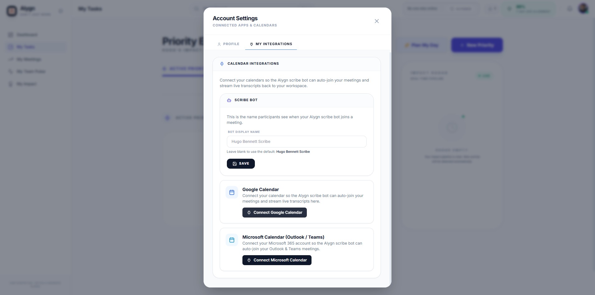Under the Calendar Integrations section, click Connect Google Calendar or Connect Microsoft Calendar, depending on which calendar service you use. This authorizes Alygn to access your calendar so the Scribe bot can automatically join your meetings and deliver live transcripts to your workspace.