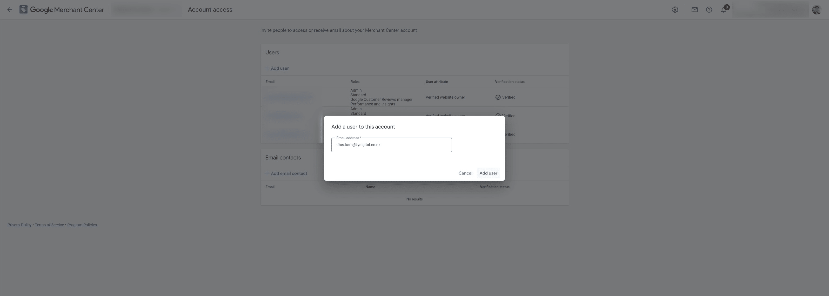 Give access to [titus.kam@tydigital.co.nz](url) and click "Add user"
