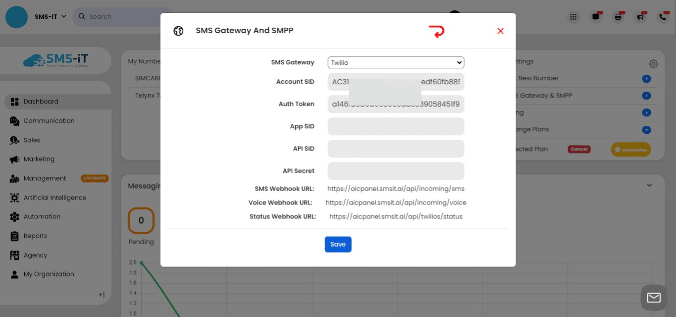 Click on "Save" to store your Twilio account information in the SMS-iT platform. Saving is necessary to auto-populate your Twilio account details and ensure seamless integration between the two platforms.